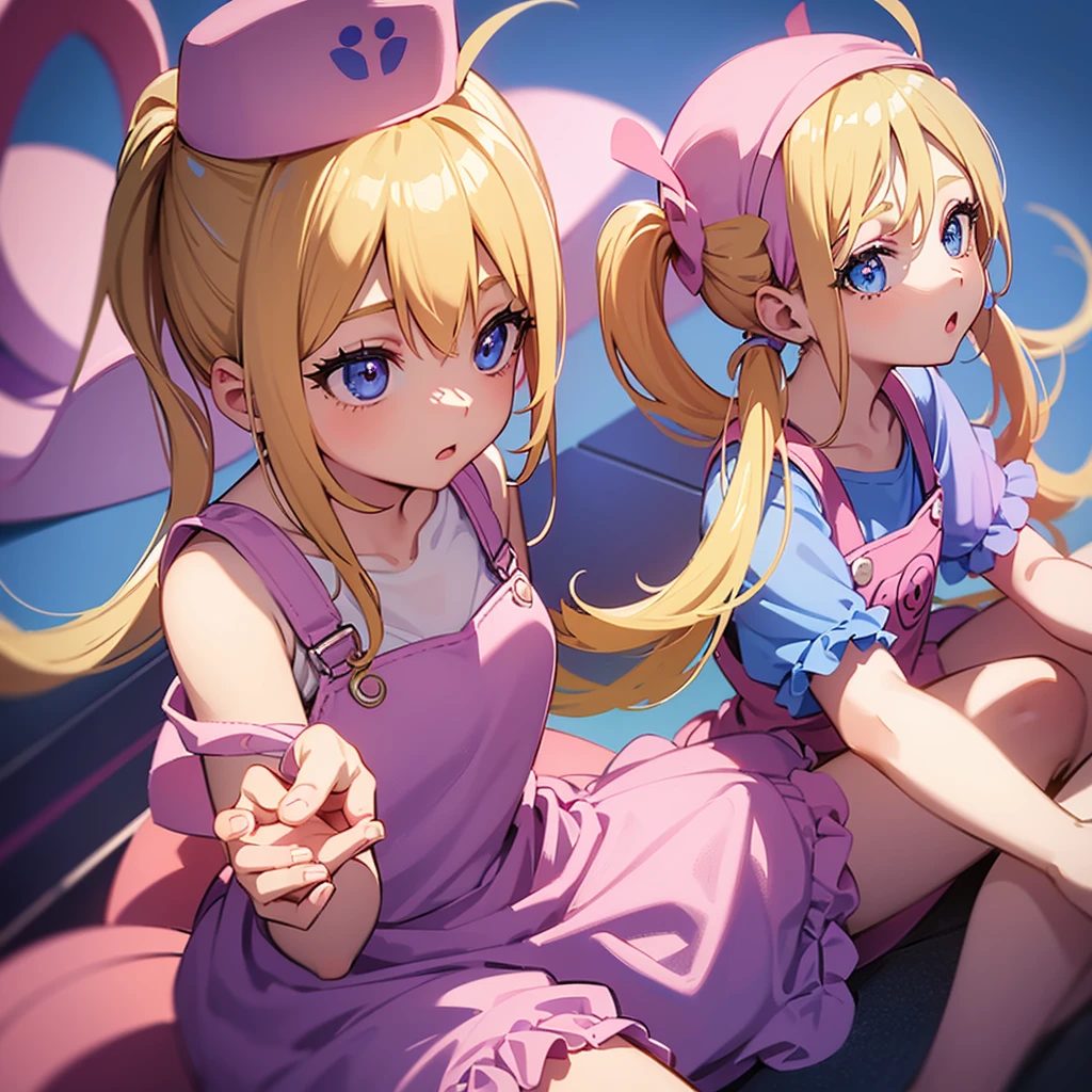 1 adult girl, blue eyes, Blonde, hair in two pigtails, pink vests, pink dress with white overalls, a pink hat on her head, in a calm and sweet environment, photography as for social media profile, Dragon Ball Z style and design, especially in the eyes, purple background