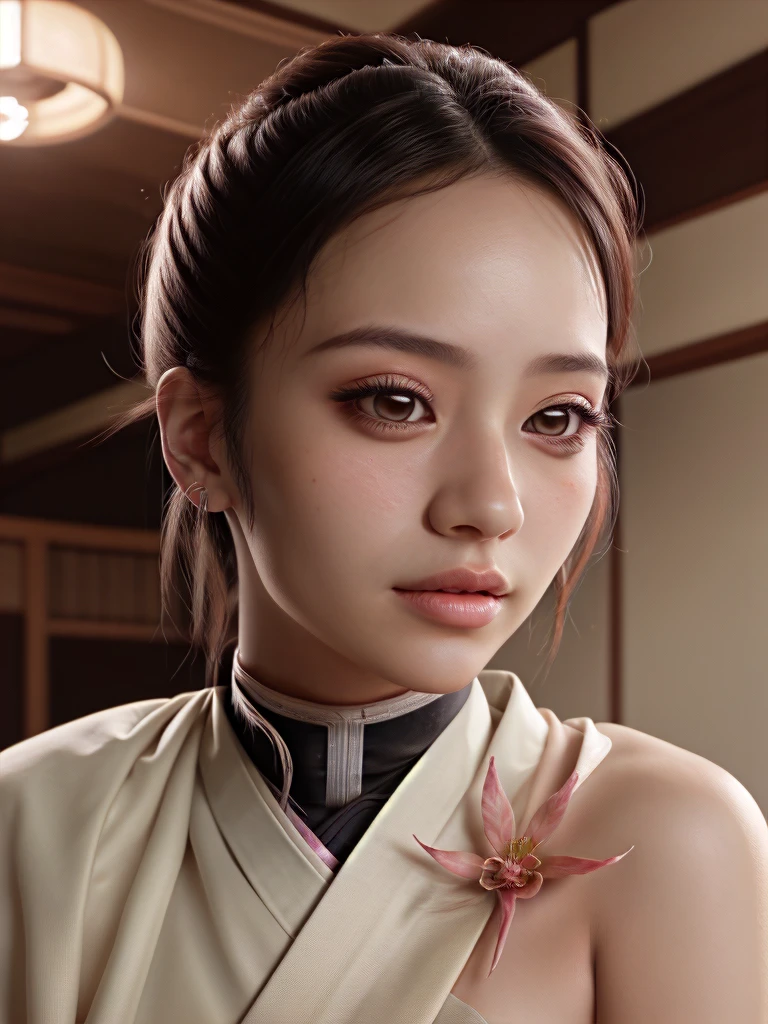 a detailed portrait of Kanao Tsuyuri from Demon Slayer, beautiful detailed eyes, beautiful detailed lips, extremely detailed face, long eyelashes, beautiful young girl, serene expression, intricate detailed hair, ornate japanese hair ornaments, elegant ornate kimono, detailed floral patterns, detailed sakura petals, delicate skin, soft lighting, cinematic lighting, dramatic lighting, muted color palette, atmospheric, highly detailed, masterpiece, 8k, cinematic quality, photorealistic, digital painting