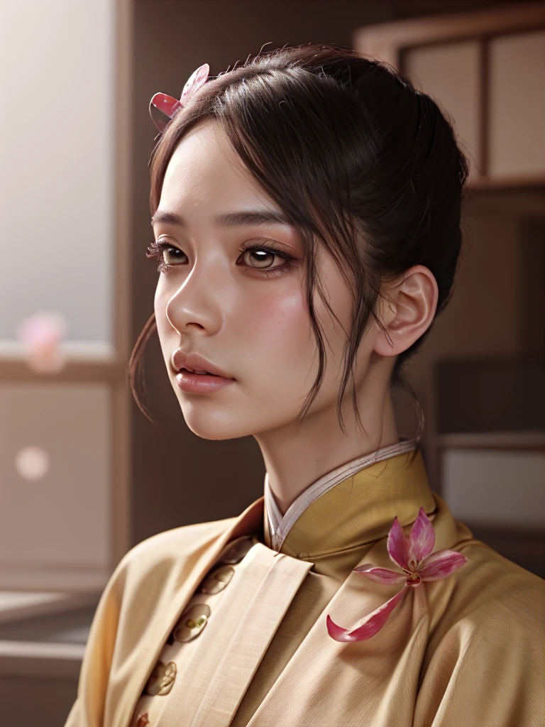 a detailed portrait of Kanao Tsuyuri from Demon Slayer, beautiful detailed eyes, beautiful detailed lips, extremely detailed face, long eyelashes, beautiful young girl, serene expression, intricate detailed hair, ornate japanese hair ornaments, elegant ornate kimono, detailed floral patterns, detailed sakura petals, delicate skin, soft lighting, cinematic lighting, dramatic lighting, muted color palette, atmospheric, highly detailed, masterpiece, 8k, cinematic quality, photorealistic, digital painting