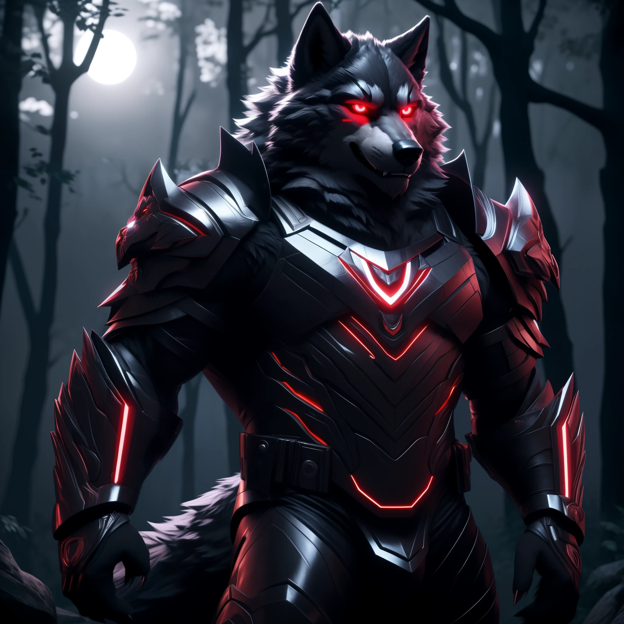 Posing, Male, 30 years old, biting lip smile, suit of gothic armour, bedroom eyes, anthro, wolf ears, (blakck fur:1.5), wolf, forest background at night, 8k, hi res, (best quality, masterpiece), red glowing eyes, (wolf tail:1.5), detailed fur