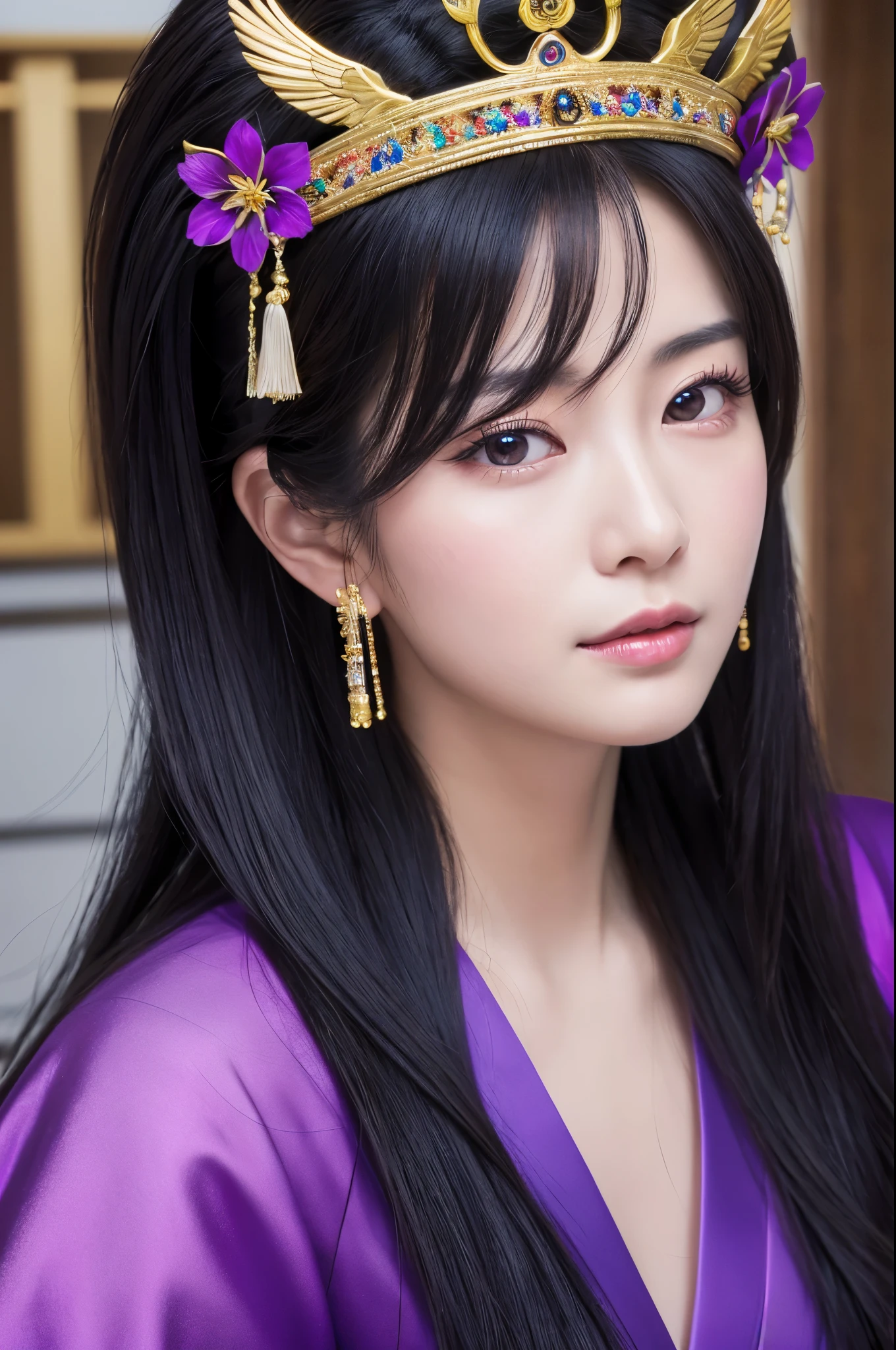 (8K,Photorealistic　to be born写真　Highest quality;1.4) Mature Japanese Goddess,so beautiful(A vivid face) ,(Long black hair),清楚なQueen,Gorgeous black and purple Japanese goddess&#39;Traditional costume of the month,Engage your audience,Beautiful expression,Moist black eyes,Queenのメイクアップ,(Queen),charm,Small breasts,Golden decoration,筋肉質の細い身体のマッチョなQueen,Gorgeous hair ornament,Holding a folding fan,kimono,Black and purple 月のkimono,非常にSmall breasts,Red eyeshadow,Ultra-high resolution,Surreal,Attention to detail,Rich colors, Backlight, Cinema Lighting, Film Grain, to be born, 50mm lens, Nikon D850,smile,Ultra-realistic,Highest qualityのフォトリアリスティックなRAW写真。Bright colors,Image of a perfect woman,Fantasy art,Character Art,background,A room in a large mansion,Extremely stiff abs,Muscular Beauty,Flower Hair Ornaments,Hairpin,