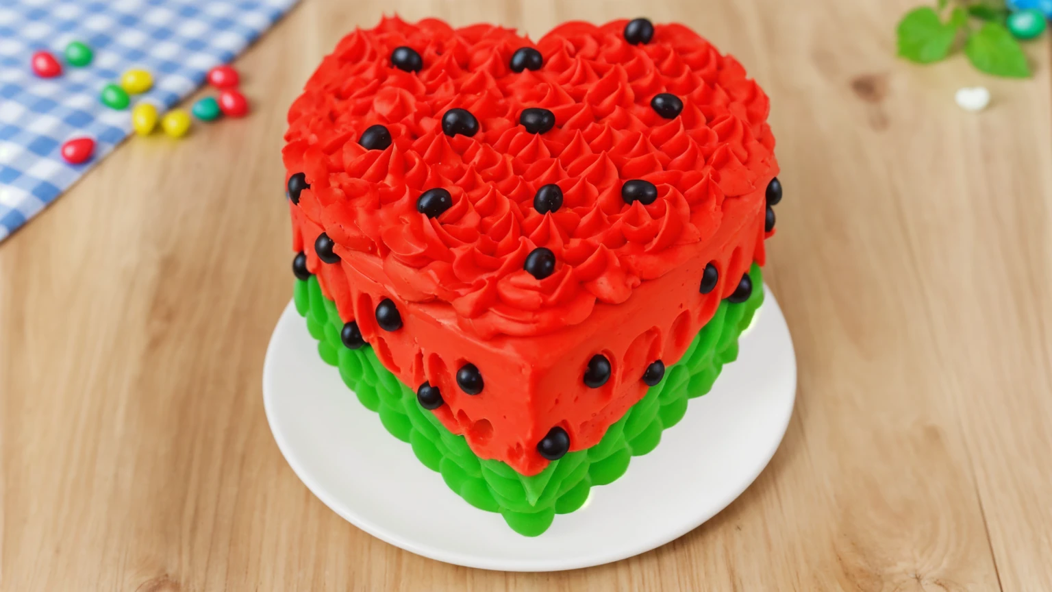 on a wooden table, on a white plate there is a heart-shaped cake made of red and green cream. star shaped cream, with black beads. there is a blue checkered tablecloth on the table next to it, scattered rainbow jelly beans, chamomile lies, Multiple light sources, bright lighting, Realistic style , realistic texture, detailed texture, A high resolution, high quality, macro photo, ultra hd 4k quality.