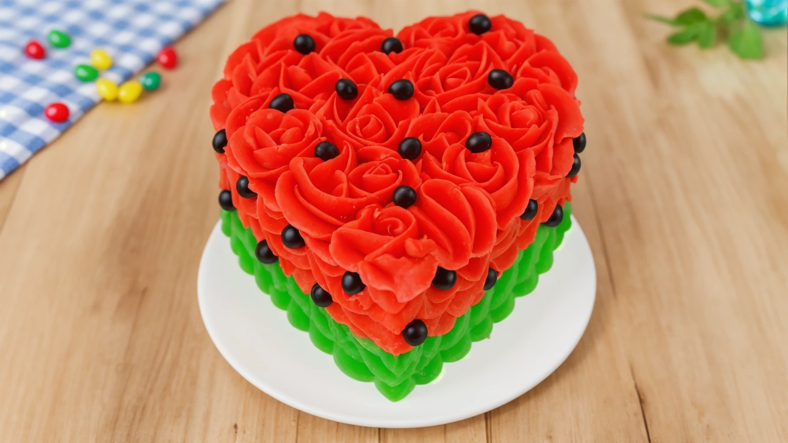 on a wooden table, on a white plate there is a heart-shaped cake made of red and green cream. star shaped cream, with black beads. there is a blue checkered tablecloth on the table next to it, scattered rainbow jelly beans, chamomile lies, Multiple light sources, bright lighting, Realistic style , realistic texture, detailed texture, A high resolution, high quality, macro photo, ultra hd 4k quality.