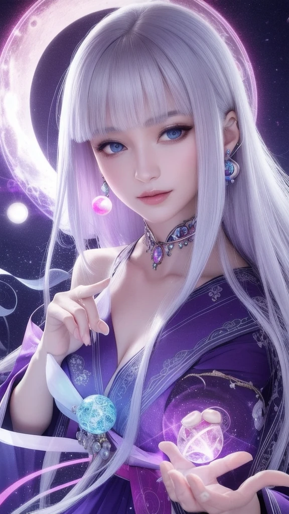 (masterpiece, top quality, 1 female, solo, exquisite details, chromatic aberration), (realistic), (skin), ((breathing)), (silver hair, blunt bangs, cropped straight long hair, short bangs, silver hair), beautiful hair, red headdress, highlights, hair on one eye, beautiful eyes, purple eyes, thick lips, earrings, piercing eyes, ((gold and white kimono)), ((symmetrical eyes)), ((perfectly symmetrical body)), ((perfectly symmetrical hands)), (purerosface_v1:0.3), full moon night, ((self, natural light))), bright lighting, flowers blooming in the background, in front of the viewer, ((central shot, from the front, (face and shoulders))), mysterious atmosphere, colorful flowers blooming around, light colored background, fortune teller in kimono, beautiful fortune teller, fortune teller, Fantasy female fortune teller, female fortune teller, fantasy photography, Japanese style, fortune teller in kimono, elegant cinematic fantasy art, fantasy woman, magician portrait, fortune teller, powerful wizard surrounded by mystical colorful flowers, holding a glowing heart crystal ball, eyes glowing with mystical energy, spells leaking from her mouth, vivid swirls of sorcery pulsating with iridescent hues appear in the air, magic permeates, flowers bloom, sacred creatures gaze in awe, threads of magical energy dance, reveal hidden realms, unravel secrets, capture the essence of this enchanting moment and bring to life the mysterious power of sorcery on a canvas of the highest quality and finest detail. Top Quality, Masterpiece, Ultra High Resolution, (Photorealistic: 1.4), RAW Photo, Sharp Focus, High Resolution, Detailed Skin.