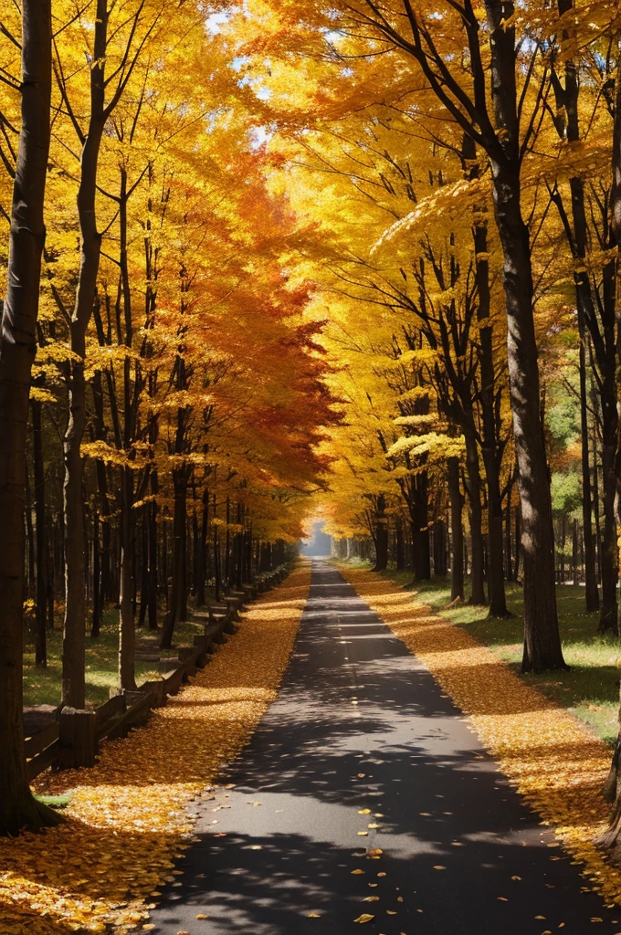 Illuminated road covered by autumn leaves, sunlight filtering through the trees suggesting a path illuminated by wisdom