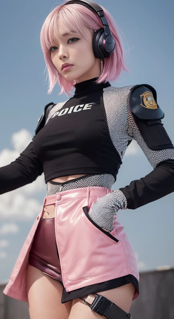 (Top Quality, Ultra High Definition, Photorealistic:1.4), (cowboy shot:1), 1 Beautiful Armed Girl, (Kpop Idol), Detailed Face, (Hair Style: Pink:1, fullbang, shortbob-style:1), Contrapposto, Perfect Anatomy, ((wearing Futuristic Police Racing Suits, low-mini-skirt, police wappen, High-tech Headset, military harness, racing gloves, )), (Cloths colors based on silver pink black white), (background, crashed cars, fire, (Explosion)),