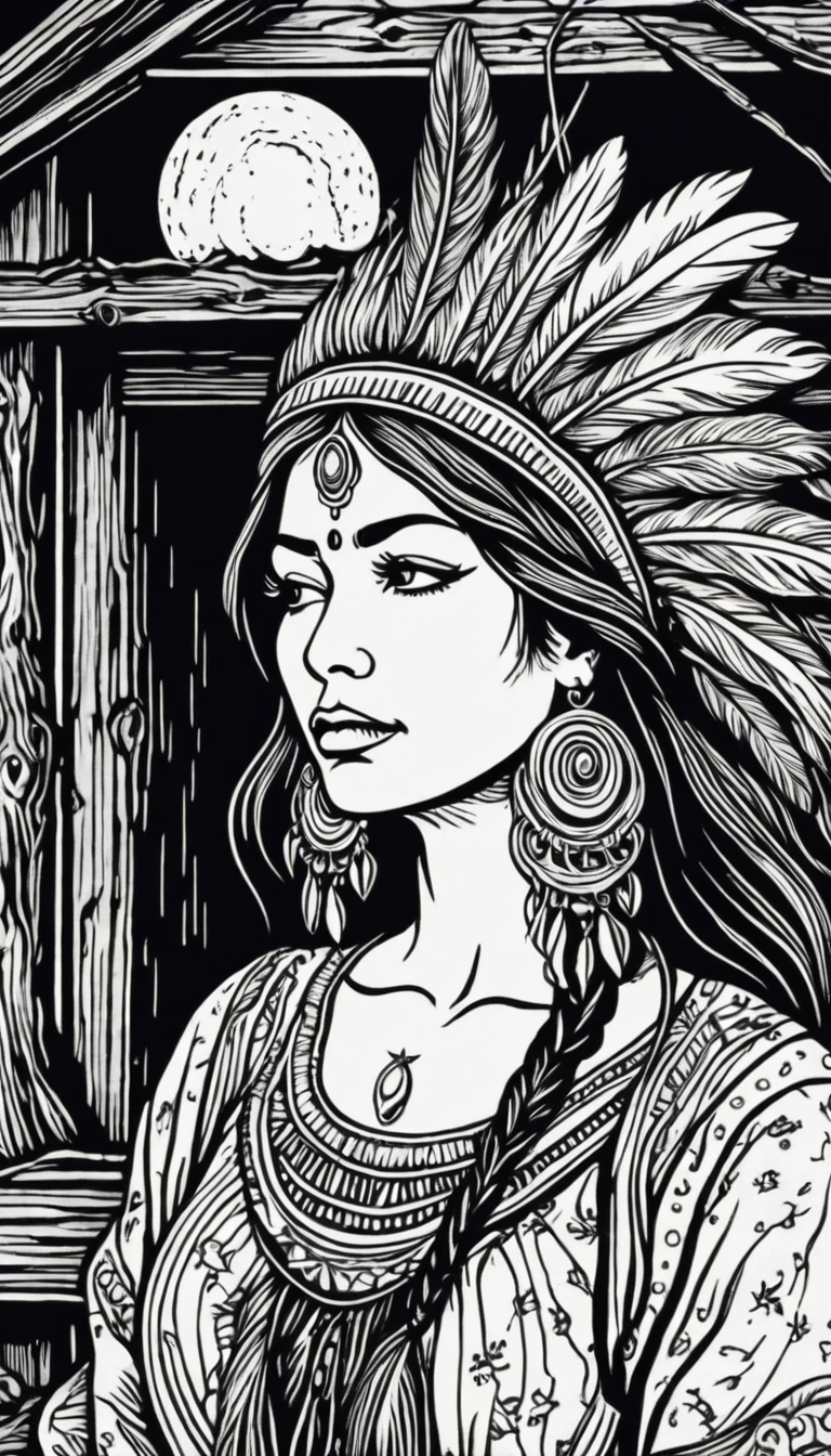 (Black and white woodcut:1.5)、(Second floor in black and white.)、foreground, dark and sinister atmosphere、profile face of a hippie woman with a headband, dressed with feather earrings, holding an indian nightmare scarecrow,  wide, with a wool blouse,  with bare shoulders, big breasts, in a cabin full of quartz and geodes., Mysterious、