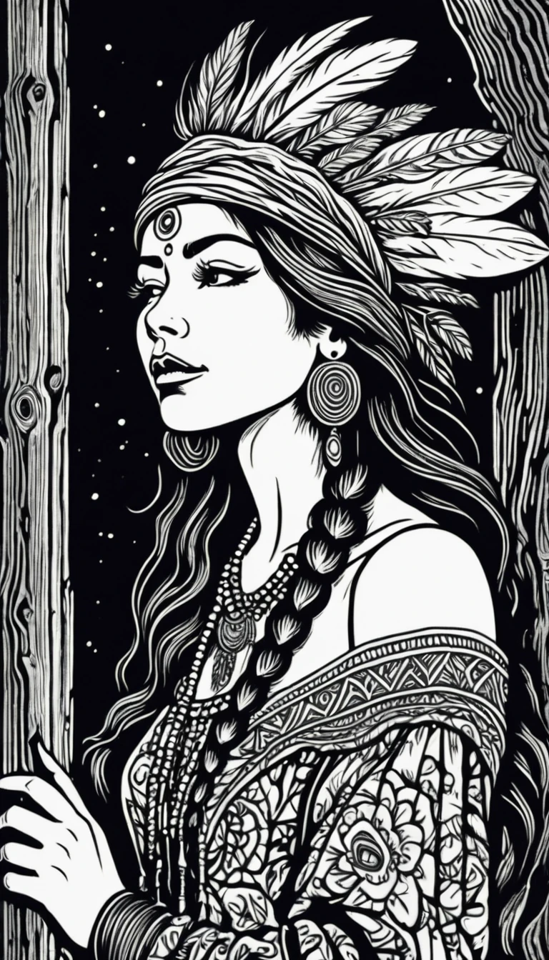 (Black and white woodcut:1.5)、(Second floor in black and white.)、foreground, dark and sinister atmosphere、profile face of a hippie woman with a headband, dressed with feather earrings, holding an indian nightmare scarecrow, wide, with a wool blouse, with bare shoulders, big breasts, in a cabin full of quartz and geodes., Mysterious、