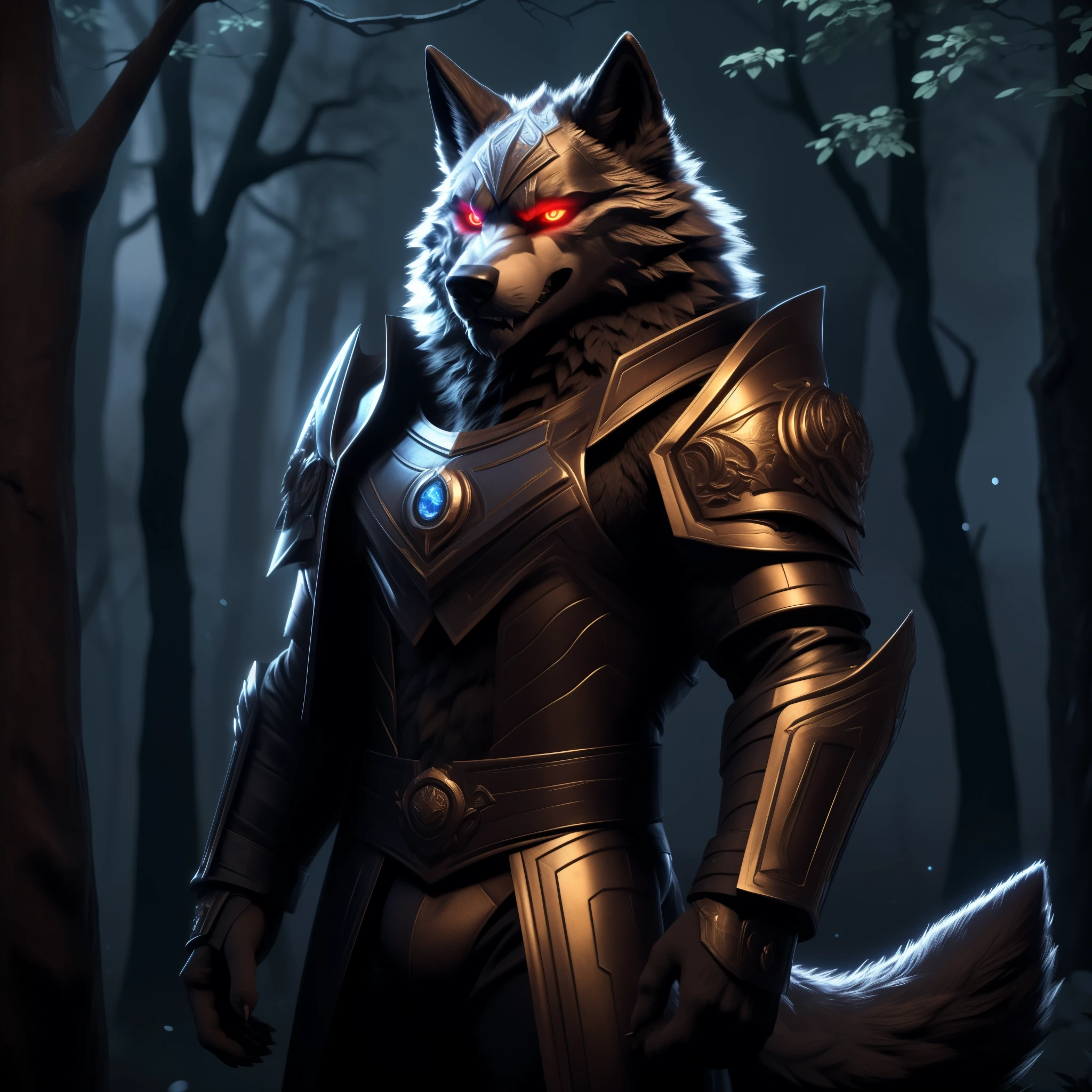 Posing, Male, 30 years old, biting lip smile, suit of gothic armour, bedroom eyes, anthro, wolf ears, (blakck fur:1.5), wolf, forest background at night, 8k, hi res, (best quality, masterpiece), red glowing eyes, (wolf tail:1.5), detailed fur