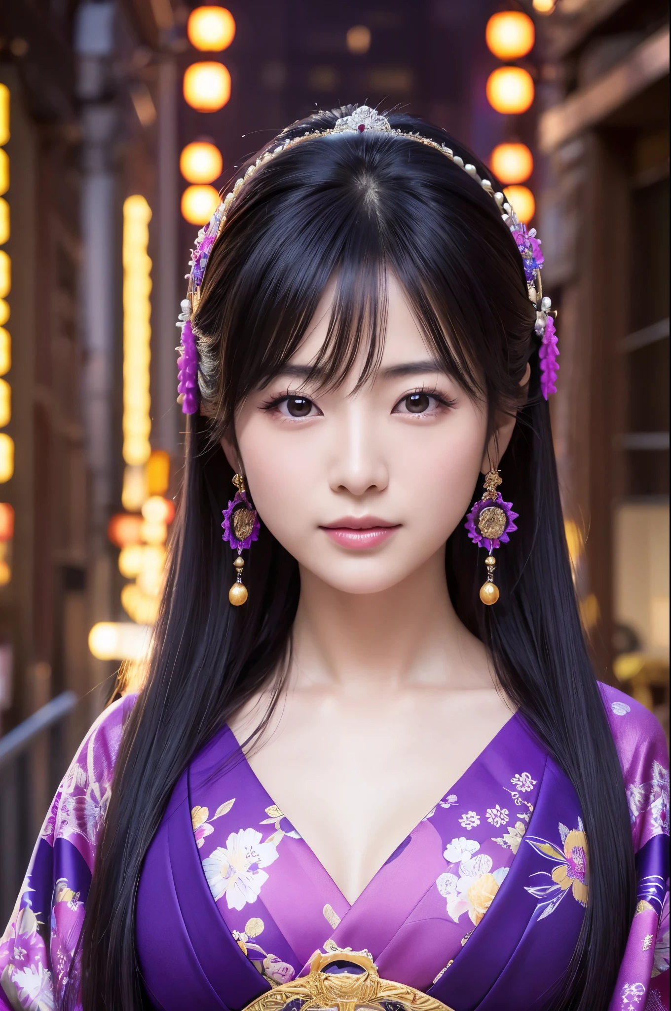 (8K,Photorealistic　to be born写真　Highest quality;1.4) Mature Japanese Goddess,so beautiful(A vivid face) ,(Long black hair),清楚なQueen,Gorgeous black and purple Japanese goddess&#39;Traditional costume of the month,Engage your audience,Beautiful expression,Moist black eyes,Queenのメイクアップ,(Queen),charm,Small breasts,Golden decoration,筋肉質の細い身体のマッチョなQueen,Gorgeous hair ornament,Holding a folding fan,kimono,Black and purple 月のkimono,非常にSmall breasts,Red eyeshadow,Ultra-high resolution,Surreal,Attention to detail,Rich colors, Backlight, Cinema Lighting, Film Grain, to be born, 50mm lens, Nikon D850,smile,Ultra-realistic,Highest qualityのフォトリアリスティックなRAW写真。Bright colors,Image of a perfect woman,Fantasy art,Character Art,background,A room in a large mansion,Extremely stiff abs,Muscular Beauty,Flower Hair Ornaments,Hairpin,