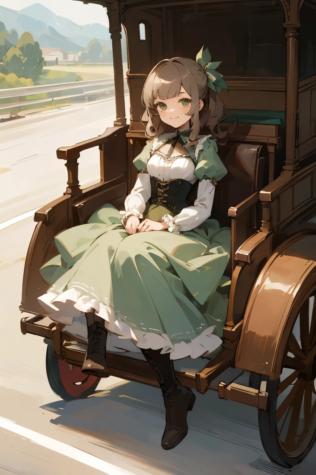 Highest quality masterpiece detailed girl Grey brown hair color Well-groomed hair Wave Long Gray-green eyes dress corset Frills drape dress boots Bangs on eyebrows Troubled Smile Relief detailedな背景 The road where the empty horse-drawn carriage passes