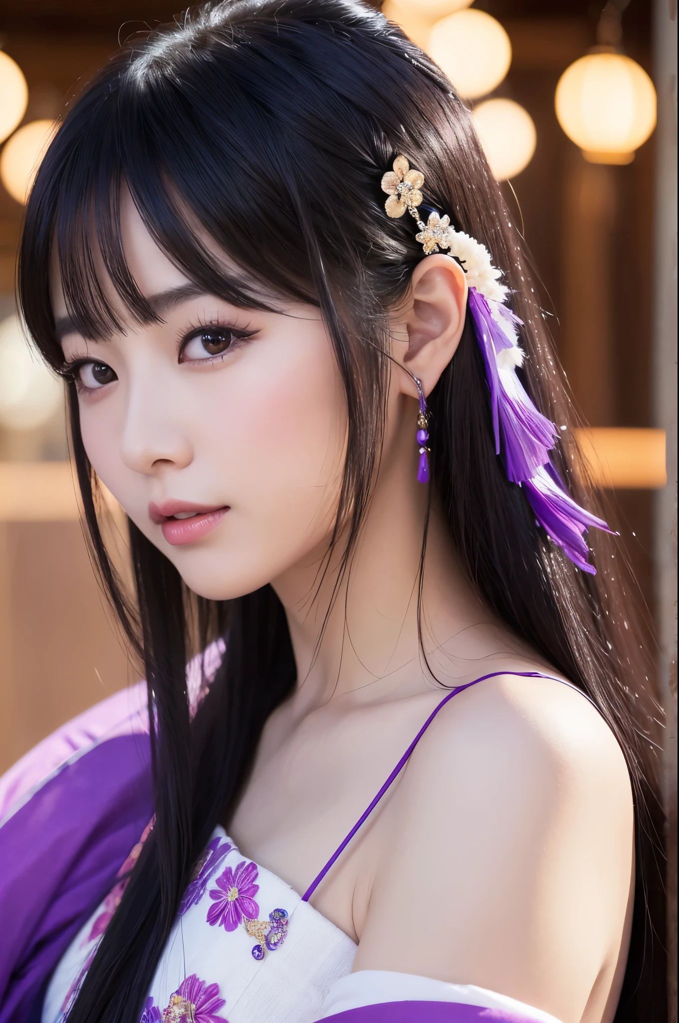 (8K,Photorealistic　to be born写真　Highest quality;1.4) Mature Japanese Goddess,so beautiful(A vivid face) ,(Long black hair),清楚なQueen,Gorgeous black and purple Japanese goddess&#39;Traditional costume of the month,Engage your audience,Beautiful expression,Moist black eyes,Queenのメイクアップ,(Queen),charm,Small breasts,Golden decoration,筋肉質の細い身体のマッチョなQueen,Gorgeous hair ornament,Holding a folding fan,kimono,Black and purple 月のkimono,非常にSmall breasts,Red eyeshadow,Ultra-high resolution,Surreal,Attention to detail,Rich colors, Backlight, Cinema Lighting, Film Grain, to be born, 50mm lens, Nikon D850,smile,Ultra-realistic,Highest qualityのフォトリアリスティックなRAW写真。Bright colors,Image of a perfect woman,Fantasy art,Character Art,background,A room in a large mansion,Extremely stiff abs,Muscular Beauty,Flower Hair Ornaments,Hairpin,