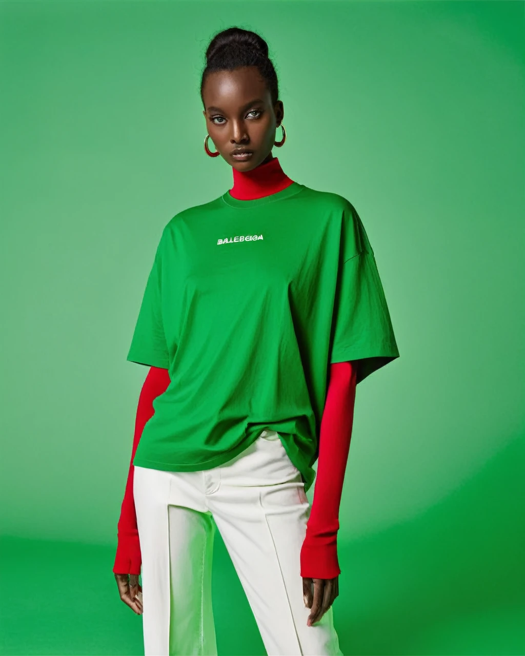 white oversize t-shirt, all green color background,balenciaga concept fashion photo, Paris