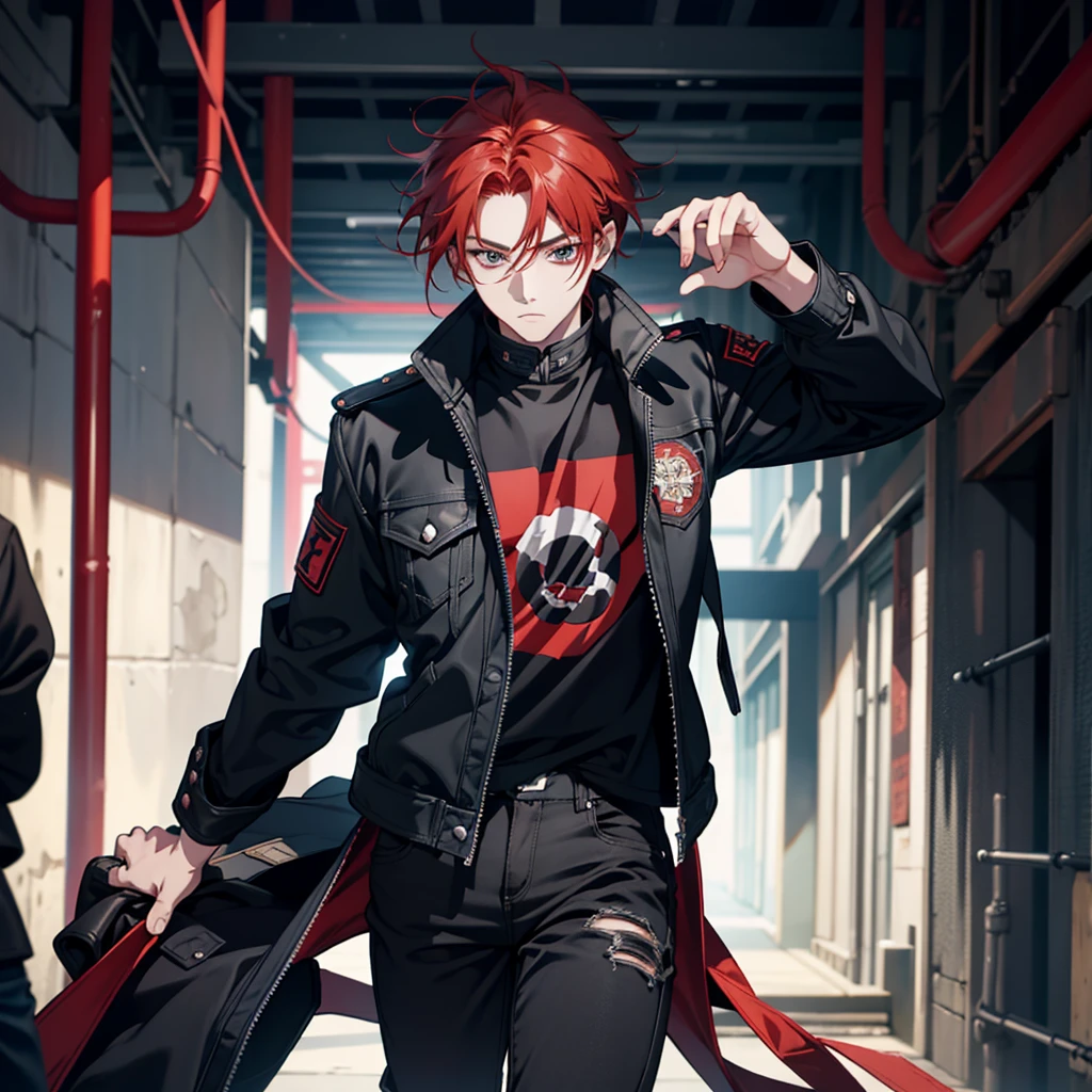 A boy, Red hair, dark black eyes, Cao Cao, looking into the lens, unified fund, mini denim jacket, with black leather pants.