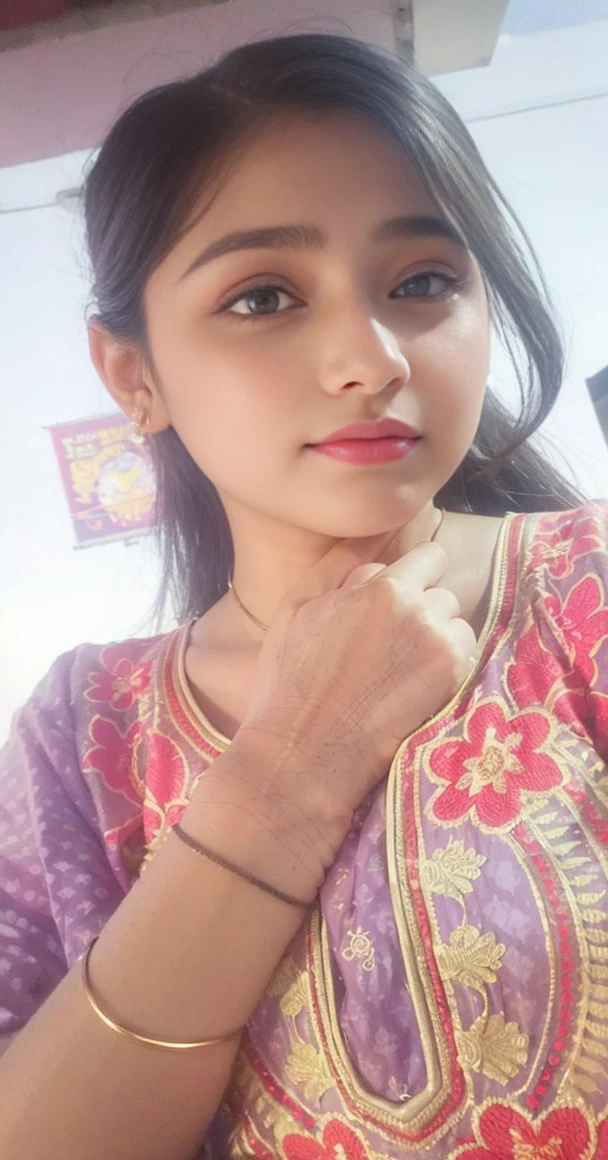 (((desi girl))), chubby face, natural skin, wearing hot deep neck top and dupatta, charming black hair, ((hair ends are blonde)), city streets background, bokeh