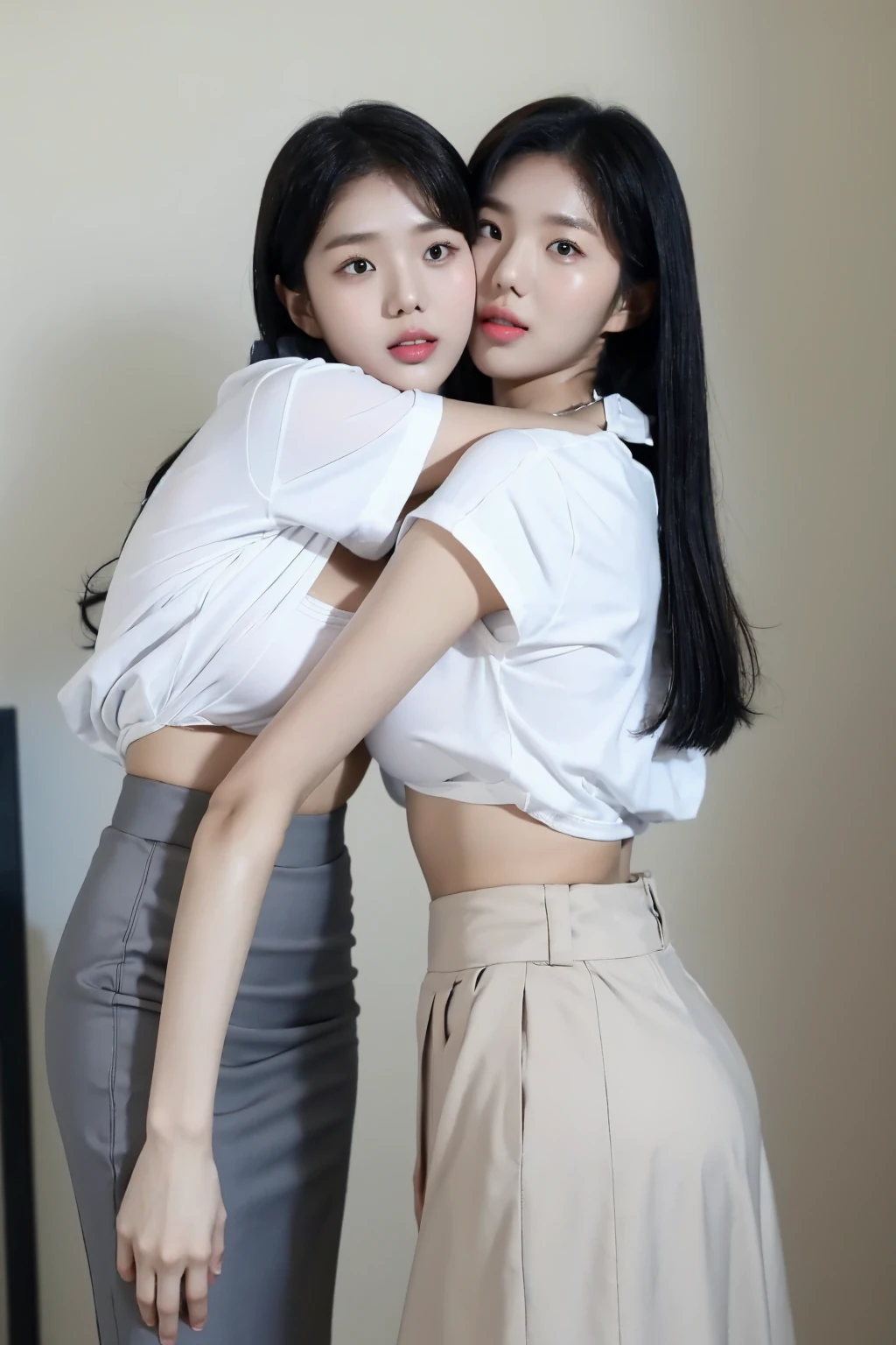 wearing indonesian high , underboob school gang potrait medium shoot foto, A young tall sexy body korea female , wearing small crop collar shirt and pencil grey skirt, indonesian high with sneakers, indoor background clasroom. and 3girls crew,medium shoot photo,huge breast, white skin. hug each other,big breast, white skin.perfect white teeth.