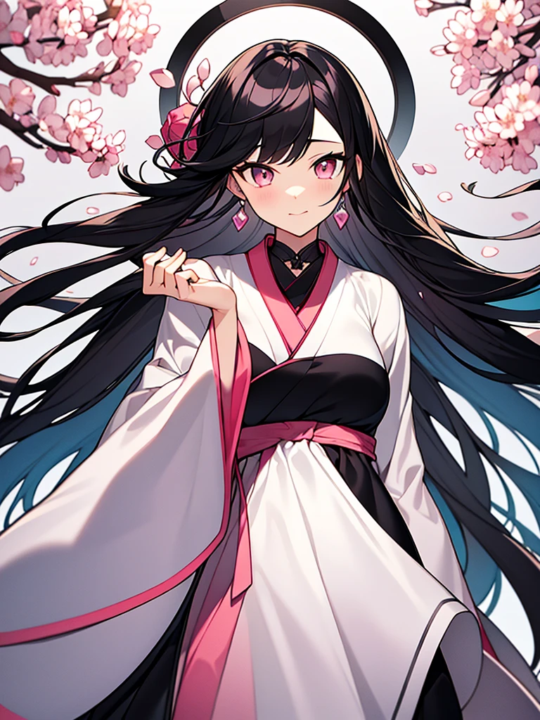 best quality, character design sheet, adult woman、No hat on, Black and pink hair, whole body, Head to Toe, Fortuneteller、Standing facing forward, Beautiful black dress, long Black Hair, Pure white background, from front, best quality, Cherry blossom pattern、Japanese、Adult Japanese、Clear eyes、Standing facing forward、The face is facing forward、holding a magic card in hand、White background、Black western dress、Neutral face、Black hair with pink inner color