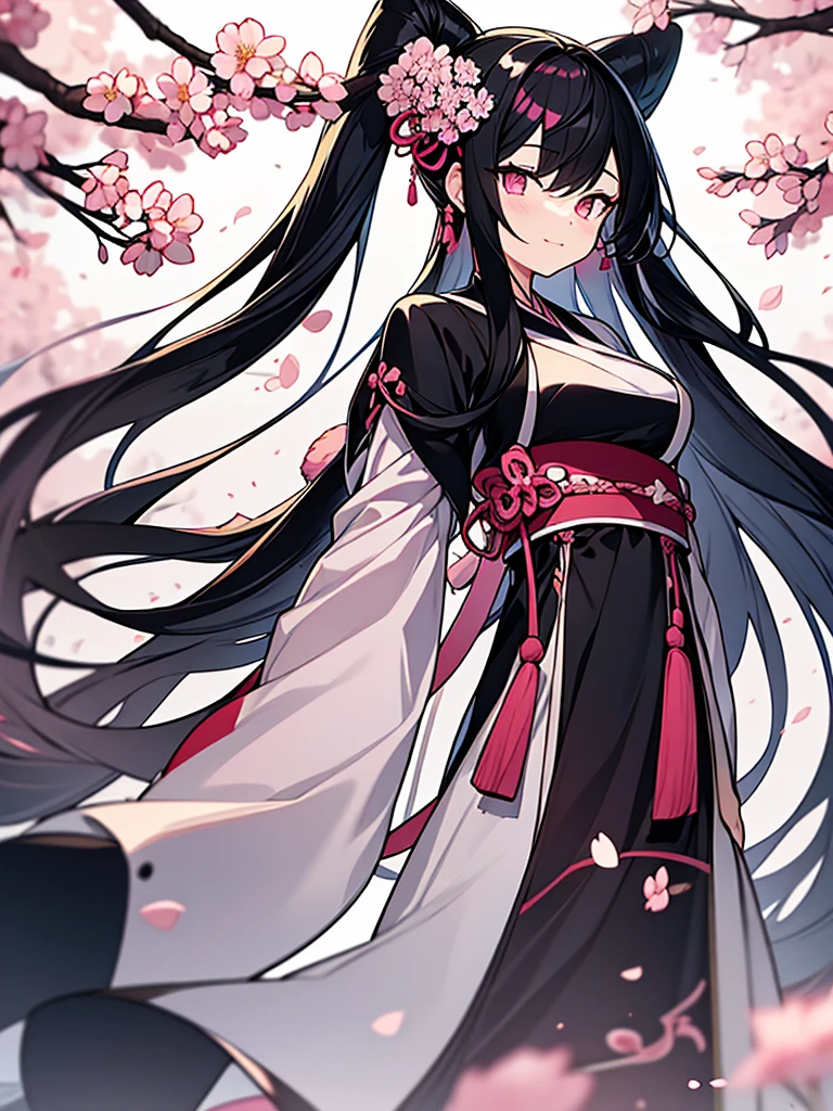 best quality, character design sheet, adult woman、No hat on, Black and pink hair, whole body, Head to Toe, Fortuneteller、Standing facing forward, Beautiful black dress, long Black Hair, Pure white background, from front, best quality, Cherry blossom pattern、Japanese、Adult Japanese、Clear eyes、Standing facing forward、The face is facing forward、holding a magic card in hand、White background、Black western dress、Neutral face、Black hair with pink inner color