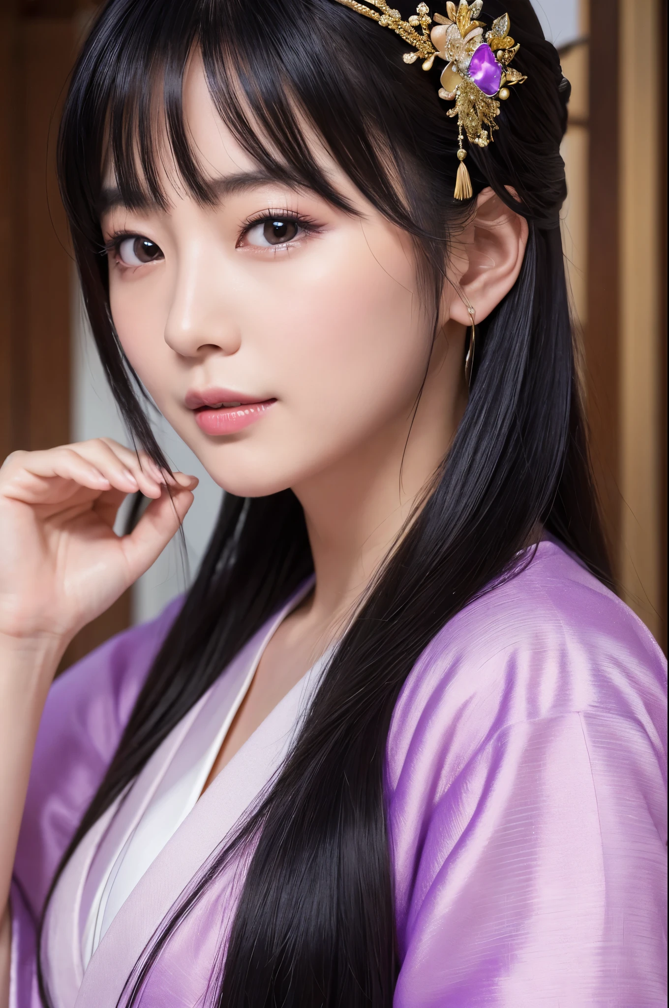 (8K,Photorealistic　to be born写真　Highest quality;1.4) Mature Japanese Goddess,so beautiful(A vivid face) ,(Long black hair),清楚なQueen,Gorgeous black and purple Japanese goddess&#39;Traditional costume of the month,Engage your audience,Beautiful expression,Moist black eyes,Queenのメイクアップ,(Queen),charm,Small breasts,Golden decoration,筋肉質の細い身体のマッチョなQueen,Gorgeous hair ornament,Holding a folding fan,kimono,Black and purple 月のkimono,非常にSmall breasts,Red eyeshadow,Ultra-high resolution,Surreal,Attention to detail,Rich colors, Backlight, Cinema Lighting, Film Grain, to be born, 50mm lens, Nikon D850,smile,Ultra-realistic,Highest qualityのフォトリアリスティックなRAW写真。Bright colors,Image of a perfect woman,Fantasy art,Character Art,background,A room in a large mansion,Extremely stiff abs,Muscular Beauty,Flower Hair Ornaments,Hairpin,