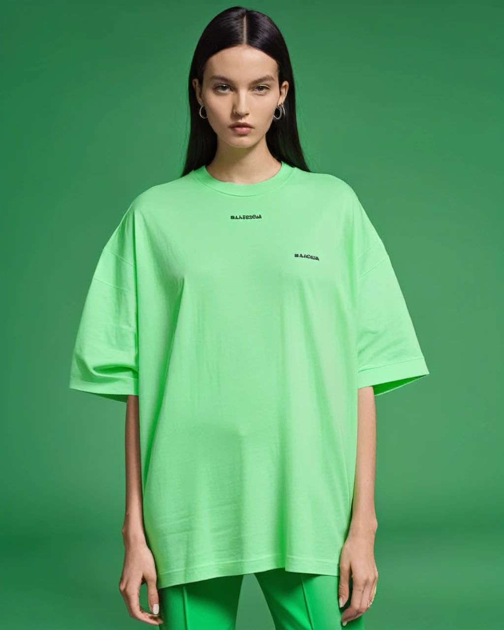 white oversize t-shirt, all green color background,balenciaga concept fashion photo, Paris