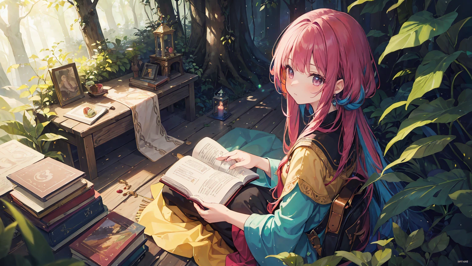 (masterpiece, best quality), (rich and colorful:1.4), from above, Solitary, 1A girl sits in an ancient forest and chants a spell,Where the trees whisper secrets,Animals speak human language, With a bag of magical forest fruits and a forgotten book of spells, Depth of Field, Fisheye lens