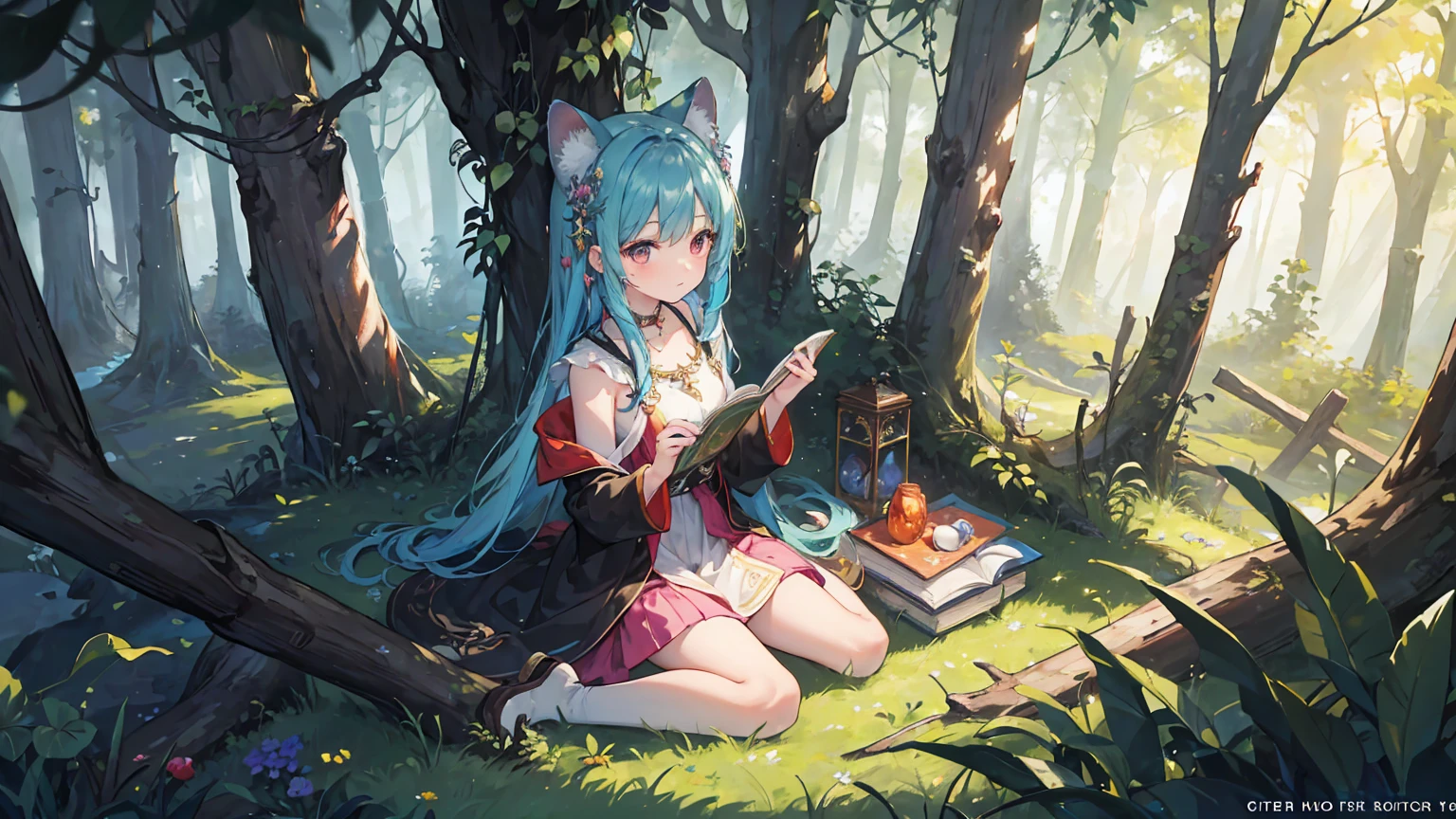 (masterpiece, best quality), (rich and colorful:1.4), from above, Solitary, 1A girl sits in an ancient forest and chants a spell，Where the trees whisper secrets，Animals speak human language, With a bag of magical forest fruits and a forgotten book of spells, Depth of Field, Fisheye lens