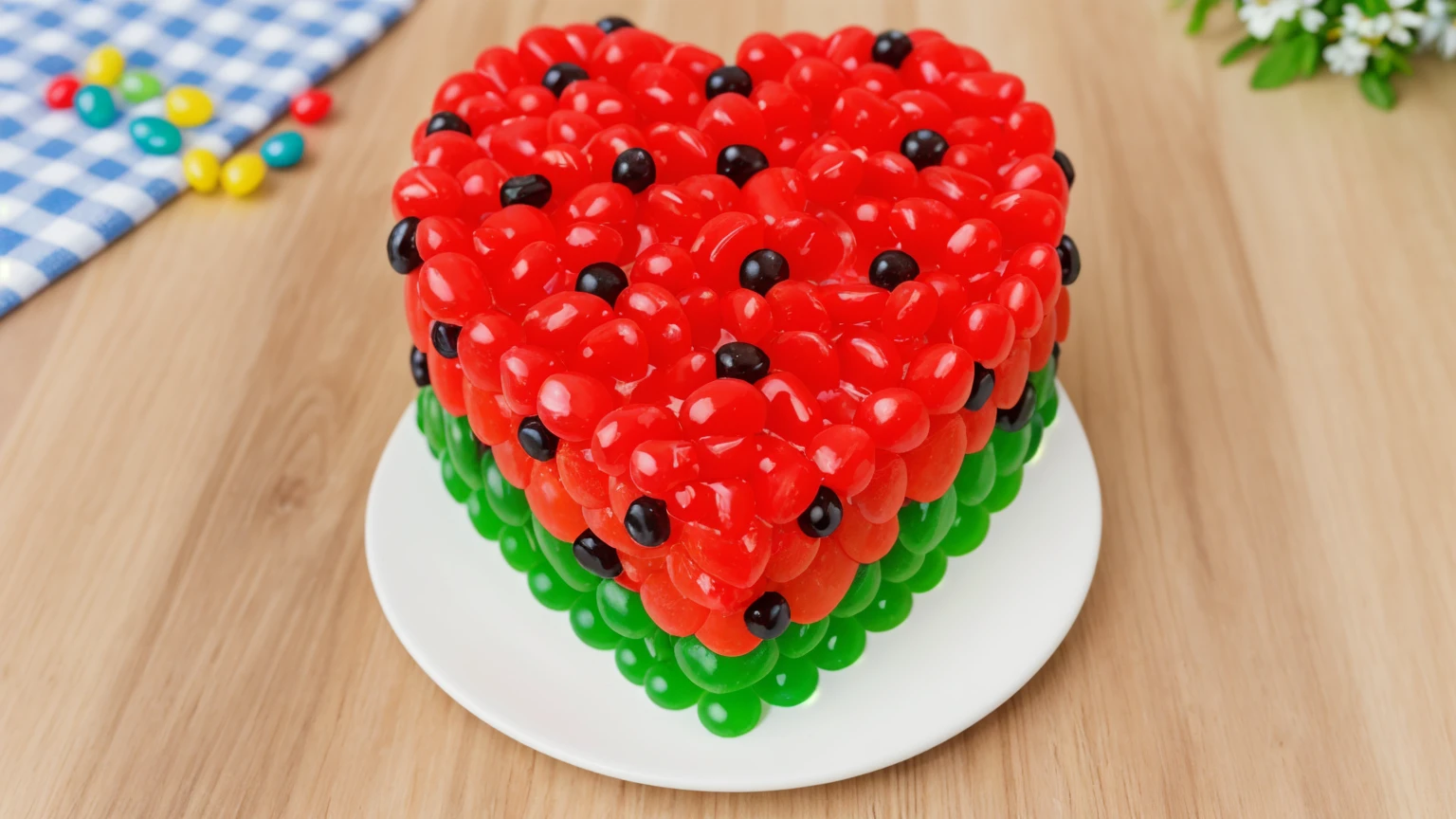 on a wooden table, on a white plate there is a heart-shaped cake made of red and green cream. star shaped cream, with black beads. there is a blue checkered tablecloth on the table next to it, scattered rainbow jelly beans, chamomile lies, Multiple light sources, bright lighting, Realistic style , realistic texture, detailed texture, A high resolution, high quality, macro photo, ultra hd 4k quality.