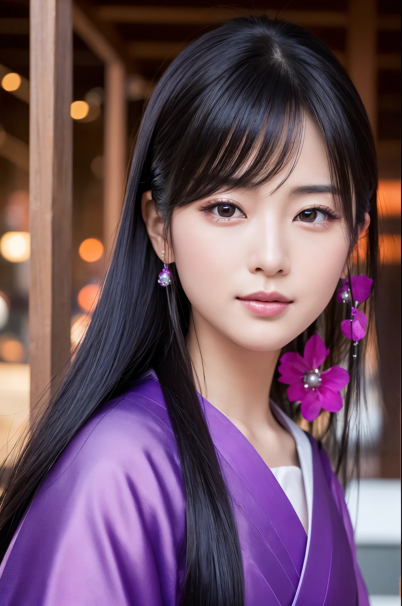 (8K,Photorealistic　to be born写真　Highest quality;1.4) Mature Japanese Goddess,so beautiful(A vivid face) ,(Long black hair),清楚なQueen,Gorgeous black and purple Japanese goddess&#39;Traditional costume of the month,Engage your audience,Beautiful expression,Moist black eyes,Queenのメイクアップ,(Queen),charm,Small breasts,Golden decoration,筋肉質の細い身体のマッチョなQueen,Gorgeous hair ornament,Holding a folding fan,kimono,Black and purple 月のkimono,非常にSmall breasts,Red eyeshadow,Ultra-high resolution,Surreal,Attention to detail,Rich colors, Backlight, Cinema Lighting, Film Grain, to be born, 50mm lens, Nikon D850,smile,Ultra-realistic,Highest qualityのフォトリアリスティックなRAW写真。Bright colors,Image of a perfect woman,Fantasy art,Character Art,background,A room in a large mansion,Extremely stiff abs,Muscular Beauty,Flower Hair Ornaments,Hairpin,