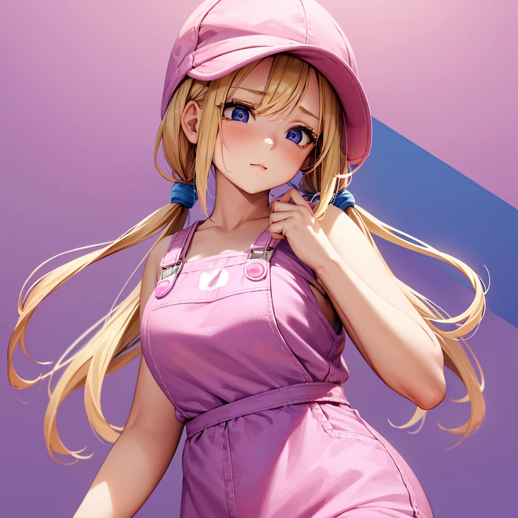 1 adult girl, blue eyes, Blonde, hair in two pigtails, pink vests, pink dress with white overalls, a pink hat on her head, in a calm and sweet environment, photography as for social media profile, Dragon Ball Z style and design, especially in the eyes, purple background