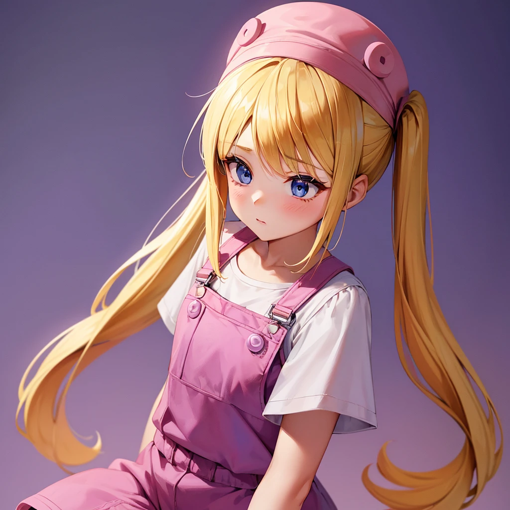 1 adult girl, blue eyes, Blonde, hair in two pigtails, pink vests, pink dress with white overalls, a pink hat on her head, in a calm and sweet environment, photography as for social media profile, Dragon Ball Z style and design, especially in the eyes, purple background