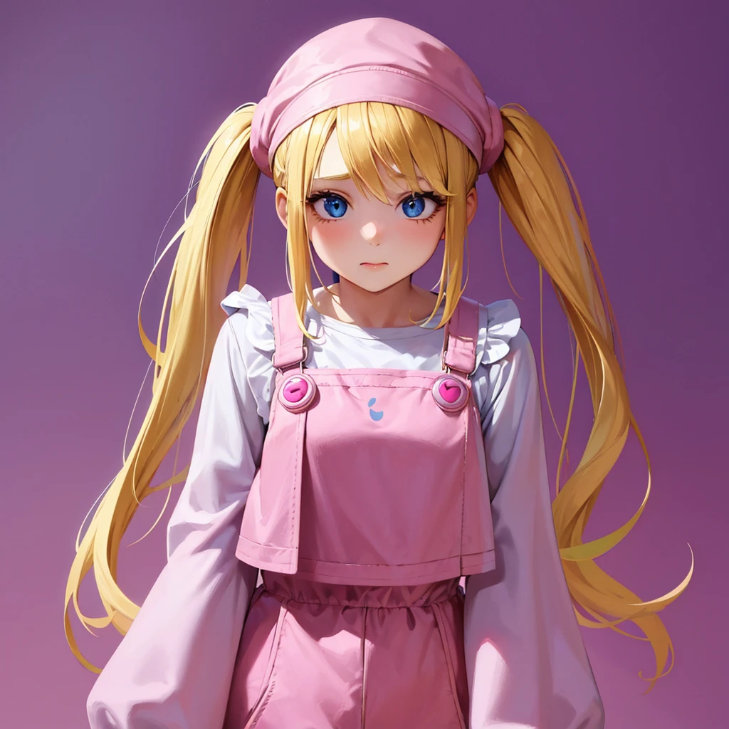 1 adult girl, blue eyes, Blonde, hair in two pigtails, pink vests, pink dress with white overalls, a pink hat on her head, in a calm and sweet environment, photography as for social media profile, Dragon Ball Z style and design, especially in the eyes, purple background 