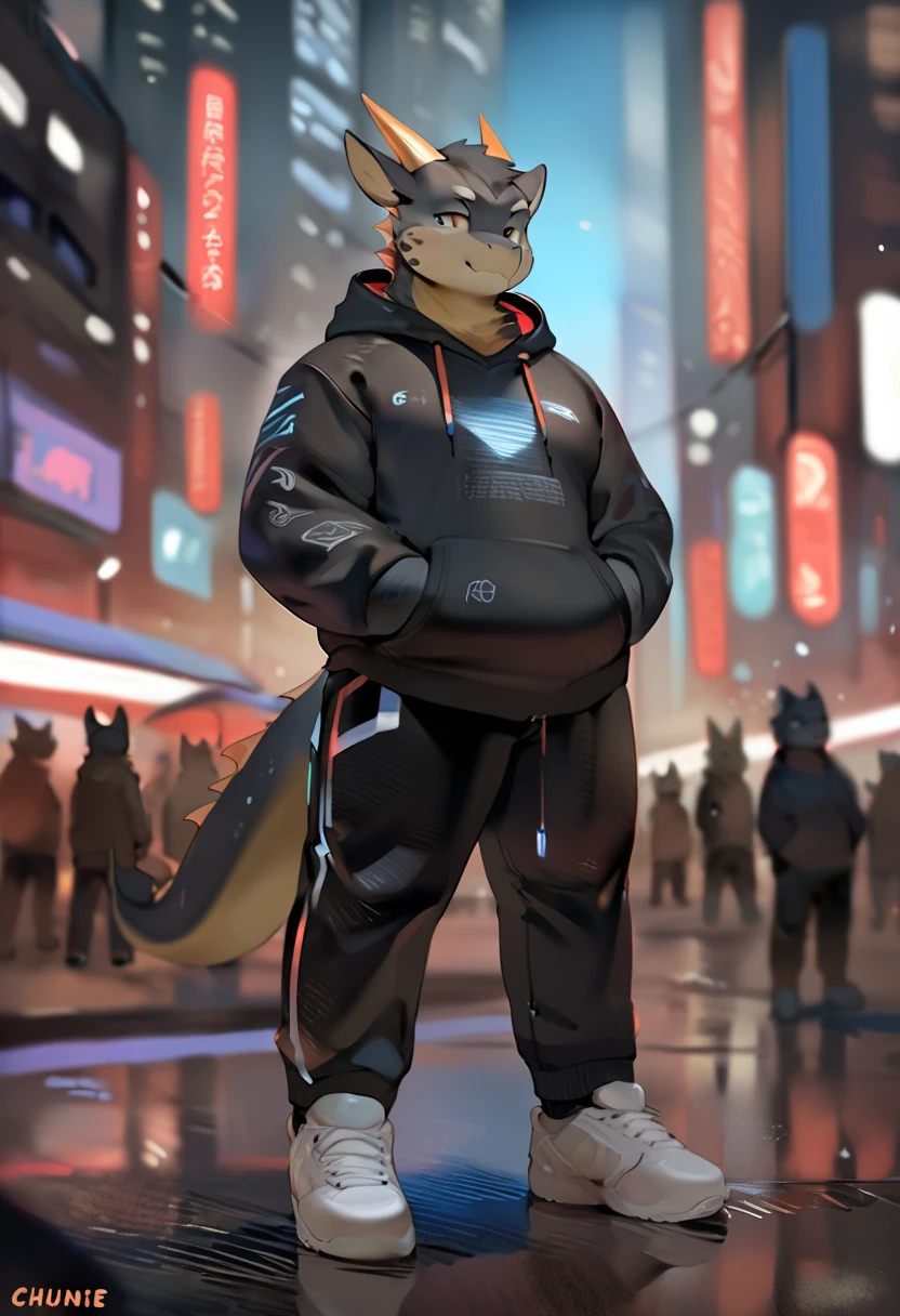 Dragon, male, adult,yaoi, doujin, furry, anthro, fat, cyberpunk fashion style, wearing black Hoodie, Long trousers, sneakers,Long shot, background, In the middle of the city, Modern era, three point perspective, character art style by quanjiang, by chunie, masterpiece,4k hd