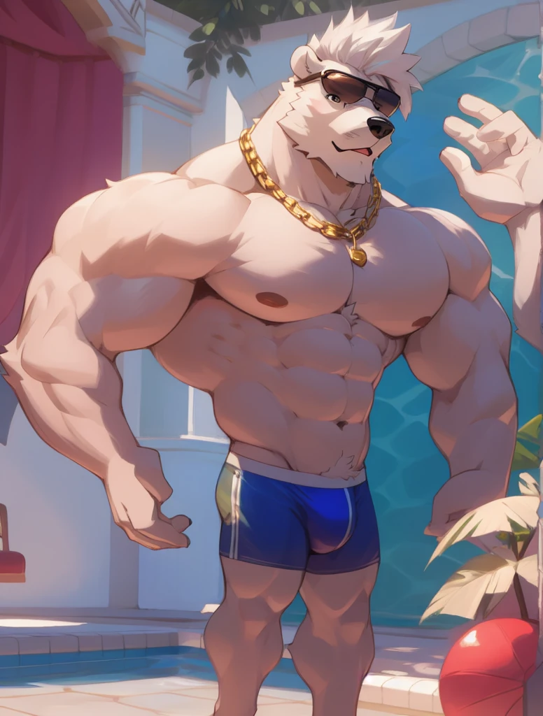 solo, 1boy, Huge Muscular White Polar Bear wearing sunglasses, gold chain necklace, huge white fur, pectoral, huge pectoral, wide pectoral, short white hair, blue speedo trunks and shirtless and topless, white bearded, white Mustache, white fur, shiny body, summer mansion background, masterpiece, high detailed, 8k, high resolution, at the pool, bounces huge pecs