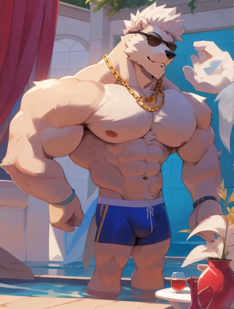 solo, 1boy, Huge Muscular White Polar Bear wearing sunglasses, gold chain necklace, huge white fur, pectoral, huge pectoral, wide pectoral, short white hair, blue speedo trunks and shirtless and topless, white bearded, white Mustache, white fur, shiny body, summer mansion background, masterpiece, high detailed, 8k, high resolution, at the pool, bounces huge pecs