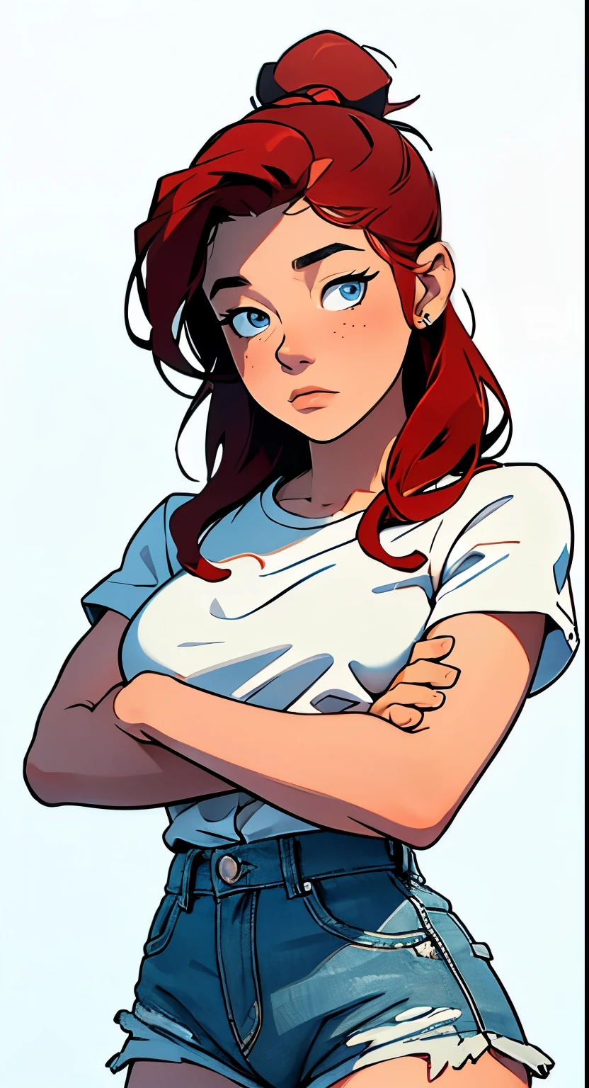 Fmasterpiece, best quality, full body,1girl,the highest image quality, 21-year-old woman, looks like Olivia Dunne, bright red hair, blue eyes, wearing a white graphic tee and denim shorts, large breasts, White background, empty background whole body , crossed arms, sad expression on her face