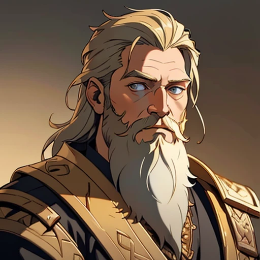 (masterpiece), (best quality),(portrait),(bust up),1boy,solo,(sharp focus),(look at viewer),Viking,golden hair,(golden beard) ,plenty of beard, (ancient man:1), ancient luxurious long clothes,(simple background),old school fantasy art