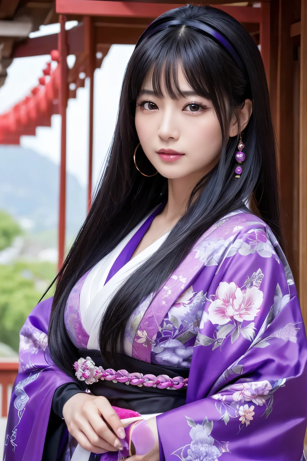 (8K,Photorealistic　to be born写真　Highest quality;1.4) Mature Japanese Goddess,so beautiful(A vivid face) ,(Long black hair),清楚なQueen,Gorgeous black and purple Japanese goddess&#39;Traditional costume of the month,Engage your audience,Beautiful expression,Moist black eyes,Queenのメイクアップ,(Queen),charm,Small breasts,Golden decoration,筋肉質の細い身体のマッチョなQueen,Gorgeous hair ornament,Holding a folding fan,kimono,Black and purple 月のkimono,非常にSmall breasts,Red eyeshadow,Ultra-high resolution,Surreal,Attention to detail,Rich colors, Backlight, Cinema Lighting, Film Grain, to be born, 50mm lens, Nikon D850,smile,Ultra-realistic,Highest qualityのフォトリアリスティックなRAW写真。Bright colors,Image of a perfect woman,Fantasy art,Character Art,background,A room in a large mansion,Extremely stiff abs,Muscular Beauty,Flower Hair Ornaments,Hairpin,