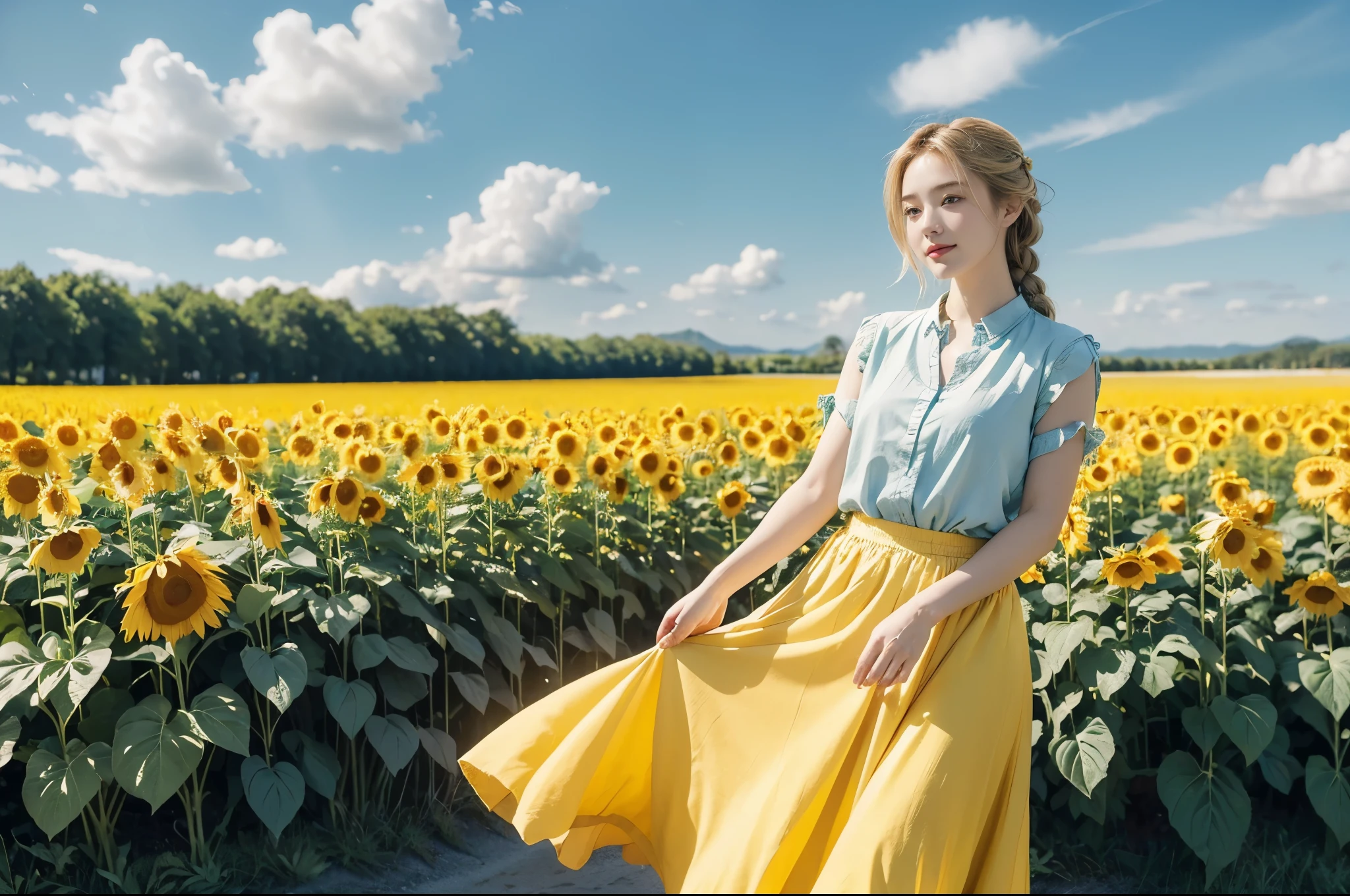 (((best quality))), (((ultra detailed))), (((masterpiece))), illustration, a picturesque scene of a beautiful Ukrainian girl standing amidst a field of sunflowers, short braided blonde hair, ((vibrant blue shirt,Maxi bright yellow skirt)), complementary attire, horizon as backdrop, brilliant shade of clear blue sky, stark contrast with yellow flowers, sea of yellow sunflowers, girl's presence adds intimacy, striking features, sharp piercing eyes, warm kindness, subtle smile, gentle nature, simplicity of beauty, natural setting, yellow dress cascading to ankles, fluttering in gentle breeze, short braids tied with colorful ribbons, playfulness, beauty in simplicity, girl standing out against vivid backdrop, harmonious fusion of nature's splendor and human grace, viewer captivated by girl's beauty, serenity of sunflower field, invites imagination of tranquility, away from chaos of everyday life, reminder of inherent beauty in world around us, waiting to be discovered