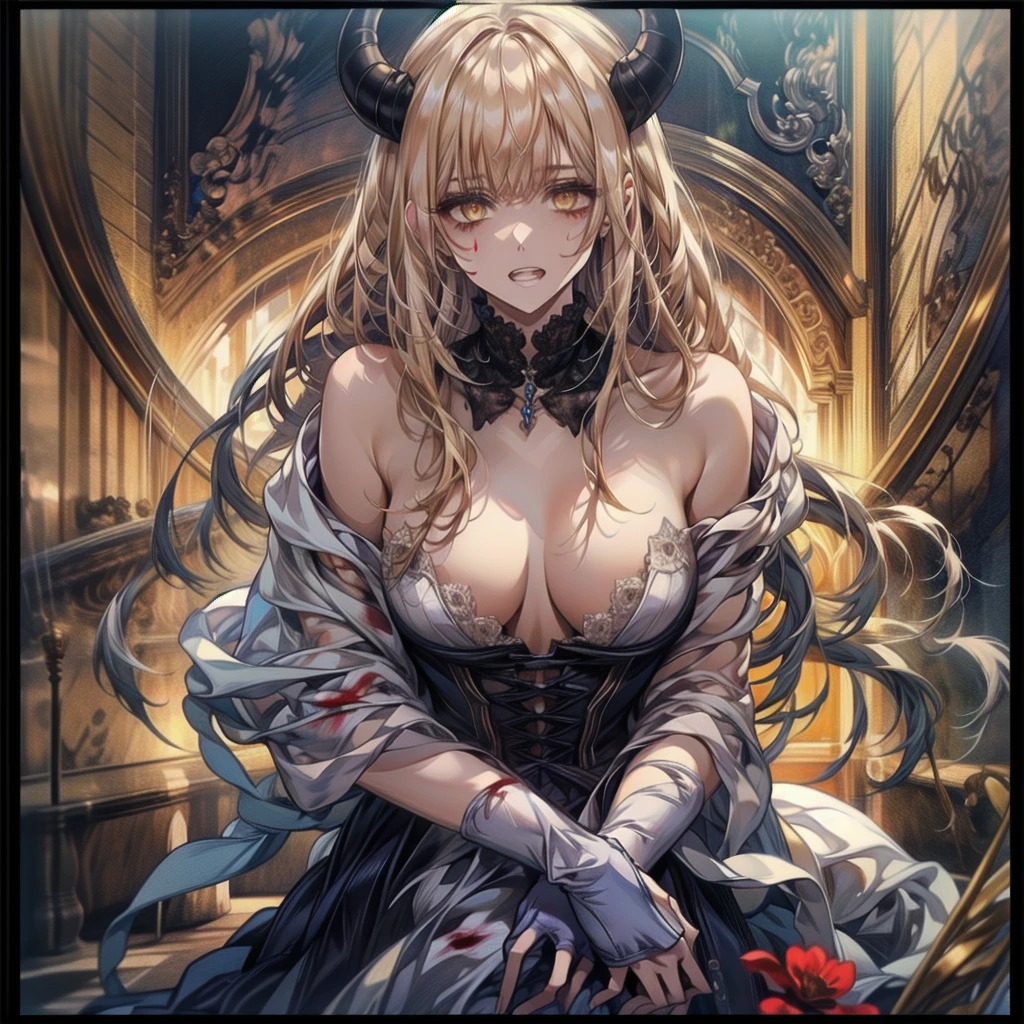Delicate features,disaster々new devil horns,狂気の笑face, 最上級の笑face, Eyelids wide open, Crazy Smile, Open your mouth wide, 口を開けてteethをむき出しにする, Wide lips, very wide mouth, Vermilion cheeks, Blonde, Princess Cut, Ribbon hair ornament, brooch, Shiny candy blue dress, Gold embroidery,ta Style, Gothic style, Facing the audience, Otaku Room, Well-built body, Nice body, Ample breasts, Thick body,Eyes Wide Open、Scary atmosphere、Distorted facial expressions、ねじれた笑face、Bloodstained、bleeding from the head,、Blood splatter、whole body、Long Hair、Long bangs、(((Dark circles under the eyes)))、Pale skin、Feeling unwell、Pathological、邪悪な笑face、Crazy Eyes、(Grin)Dramatic makeup,Create mixed media art,Well-built,Nice body,Broad shoulders,I focus,(face),Messy Hair,Yellow Eyes,(Glowing Eyes),(Blood splatter:1.6),Red light,笑face,big 笑face,teeth,psycho 笑face,gesugao,Dark city background,darkness,night,(close),Good Eyes, 良いteeth,サディスティックな笑face,,all,Shiny skin,詳細なface,Beautiful body,アwhole body油まみれで光沢感がある whole bodyから湯気が出ている Steam like a sauna room fills the screen.. White breath from the mouth Luxurious lace long gloves