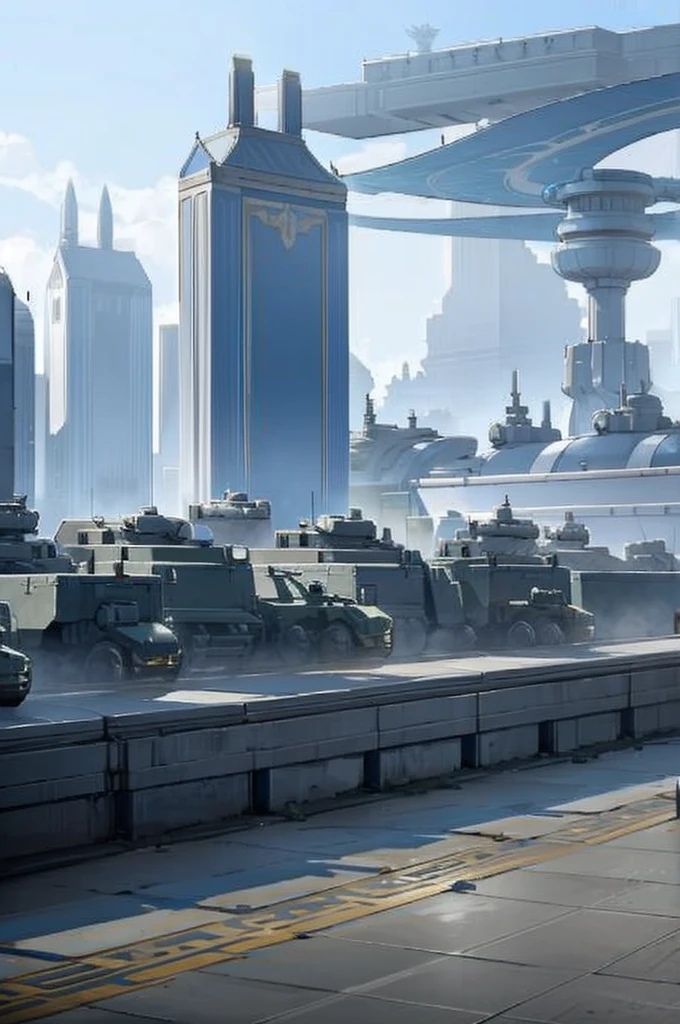 blue and silver, military base, with big castle, tanks, crowd, army