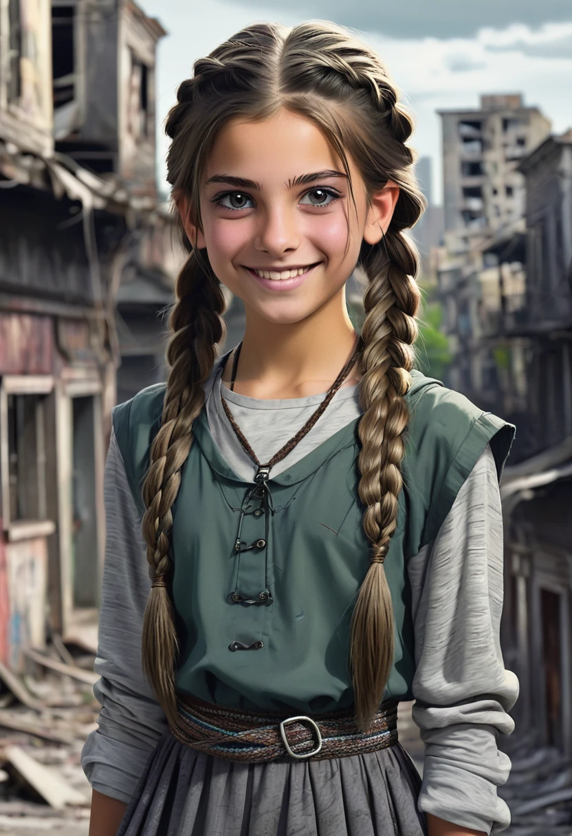 Girl child 10 years old, Russian ruivas in braids, com roupa de jaqueta de couro blue, fundo storm, ride into the storm, thunderbolt.