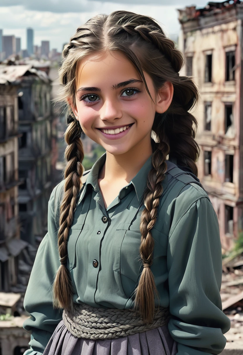 , hideous smile, creepy, olhar malicioso, gray eyes, abandoned city background, drawning, ful dressed, intense stare, straight hair with a braid above the shoulder.