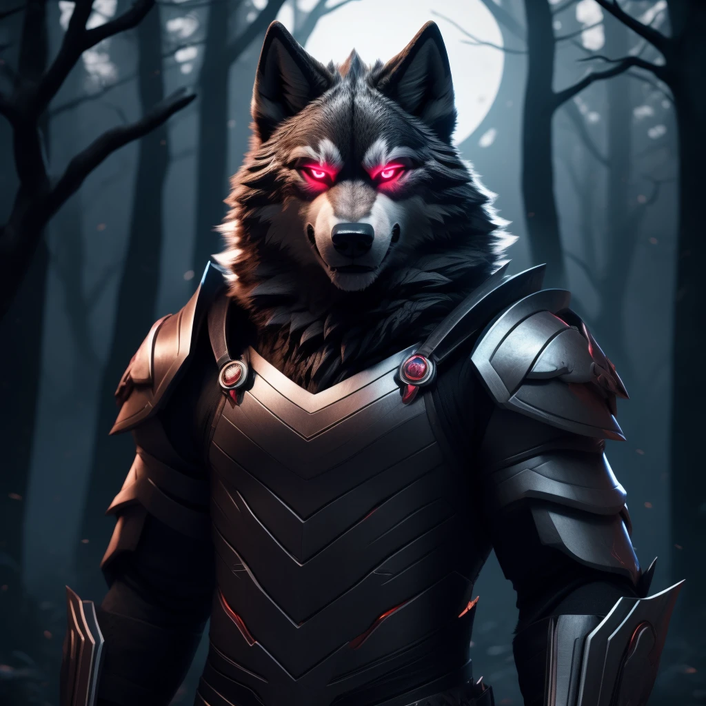 Posing, Male, 30 years old, biting lip smile, suit of gothic armour, bedroom eyes, anthro, wolf ears, (blakck fur:1.5), wolf, forest background at night, 8k, hi res, (best quality, masterpiece), red glowing eyes, (wolf tail:1.5), detailed fur
