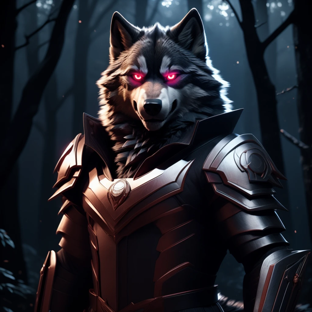 Posing, Male, 30 years old, biting lip smile, suit of gothic armour, bedroom eyes, anthro, wolf ears, (blakck fur:1.5), wolf, forest background at night, 8k, hi res, (best quality, masterpiece), red glowing eyes, (wolf tail:1.5), detailed fur