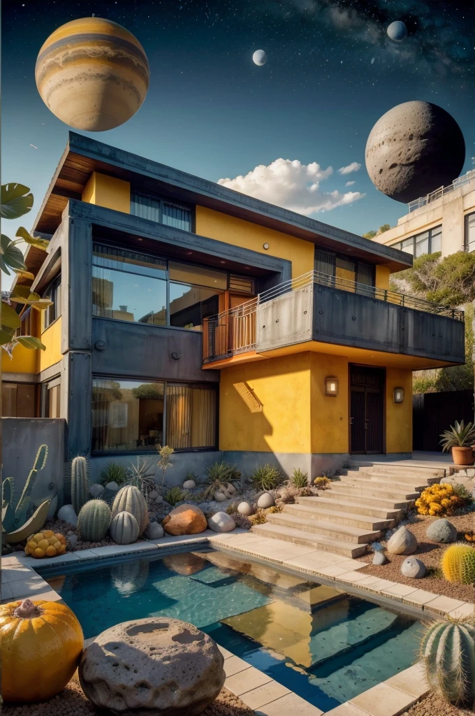 An illustration in collage style, with giant boulders, brutalist building sections, terraces, stairs, cacti, agave, concrete texture, multiple geometric shapes, hatch and cross hatching, planet saturn, volcano, moon, Luis Barragán's architectural style build, milky way galaxy, violet, one motorcycle, An illustration in collage style, with giant boulders, brutalist building sections, stairs, cacti, agave, concrete texture, multiple geometric shapes, hatch and cross hatching, planet saturn, volcano, moon, Luis Barragán's architectural style build, reflective pool, terraces. An elegant and modern build, in top of big boulders, with terraces, materials concrete, wood, steel and crystal, various gardens with tropical vegetation, cacti and rocks, stairs, a pool. In middle of sea, a big wave near, sunset, mountains and a volcano in the horizont, cute islands around, illustration format, cute color palette, detailed, masterpiece, award-winning work, clouds, Illustration, a garden with abundant cacti, ((various organic sculptures)), ((big rocks)), (((multiple sections))), collage style, detailed, (((color palette (olive green), (Mustard orange), cool grey, ((blue)), black and white))), (((a lot Luis barragán's architecture style builds))) big clouds, volcano in horizon, stairs, in the desert. ((masterpiece, best quality)),illustration,ultra detailed 8k, ((Ori Toor visual style)),soviet, megabuildings, megastructures, buildings, organic steel sculpture