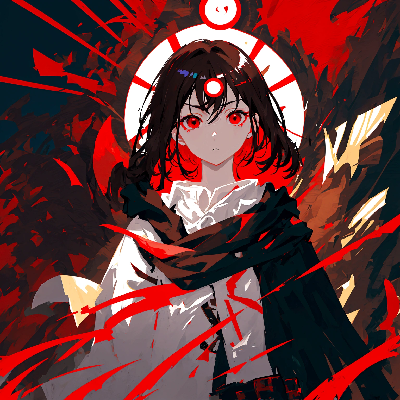 anime style diffusion, upper body, (face to the side 0.3), girl with long messy brown hair bright red eyes, (open eyes 0.5), (serious face 0.1), black majestc cloak with red details, upper light, high contrast , 2D style, photoshop, cinematic
