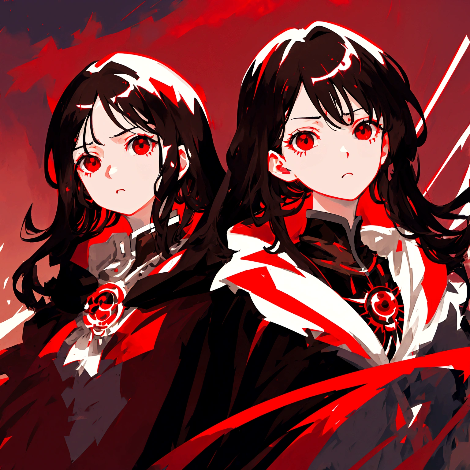 anime style diffusion, upper body, (face to the side 0.3), girl with long messy brown hair bright red eyes, (open eyes 0.5), (serious face 0.1), black majestc cloak with red details, upper light, high contrast , 2D style, photoshop, cinematic
