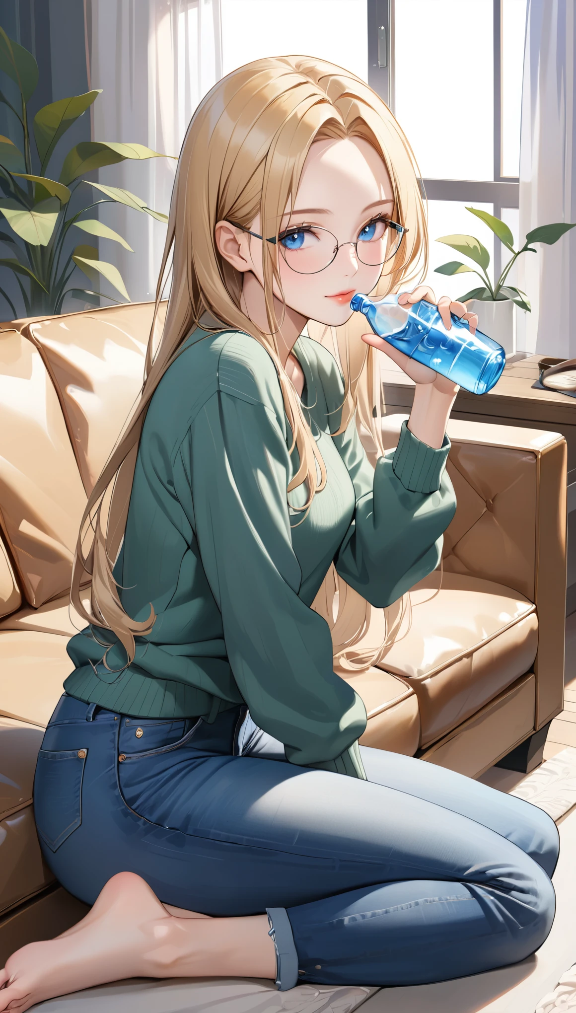 ((best quality, masterpiece:1.3, 8K)), (detailed), highly detailed face and skin texture, detailed eyes, (seductive pose:1.1), living room, window, drinking a bottle of water, full body, (slender body:1.1), 1girl, 25 years old, white skin, blue eyes, reading glasses, bright lips, seductive smile, blonde hair, straight hair, long hair, (forehead:1.0), green sweater, jeans pants, skinny jeans, blue jeans, barefoot, 