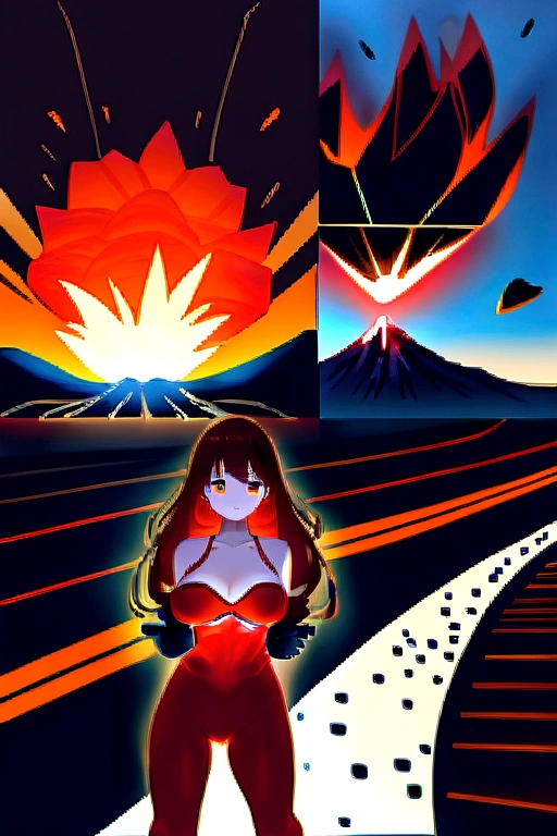最high quality、best image quality、masterpiece、girl((20-year-old、 By becoming、vest bust、medium bust,wide large open breast tea、shining eyes, glowing red hair、long hair、thin,highest valley、red sports bra、Red sports pants,Ruby Earrings、Wristband、black gloves、seductive pose)),high quality、beautiful art、background((inflammation、volcano、magma、eruption、meteorite))、Flight、debris flies、Depth of written boundary、movie、visual art、perfect art、8K,genuine、