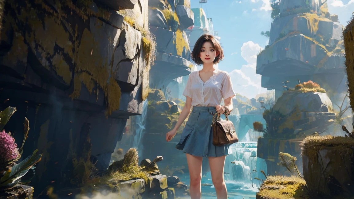 cute young short hair girl chilling around the city, the sky are blue and very happy joyful day, she is wearing a modern shirt with cute flower skirt, soft color